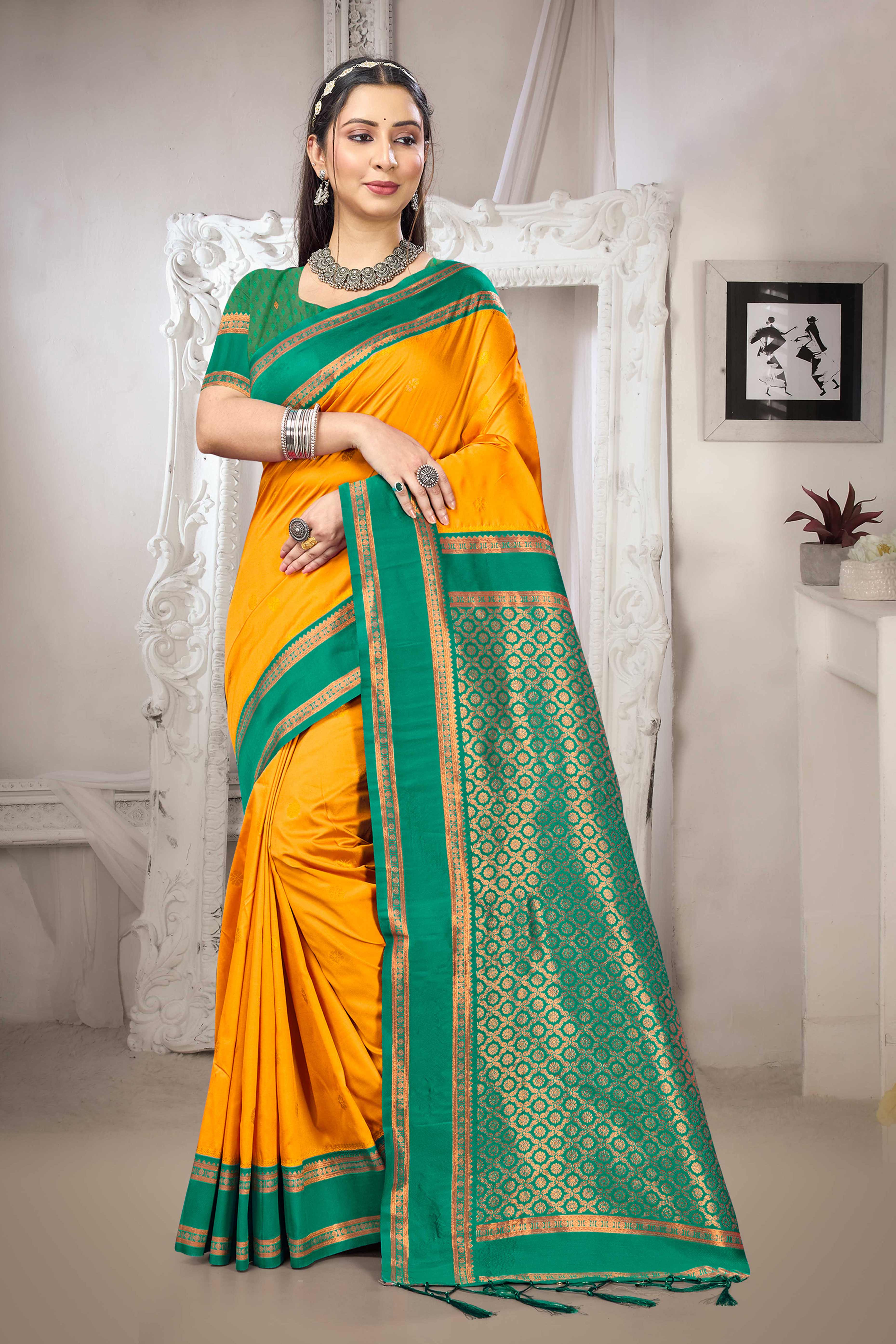 Classic Mustard Floral Motif Weaving Silk Blend Saree With Tassel Pallu