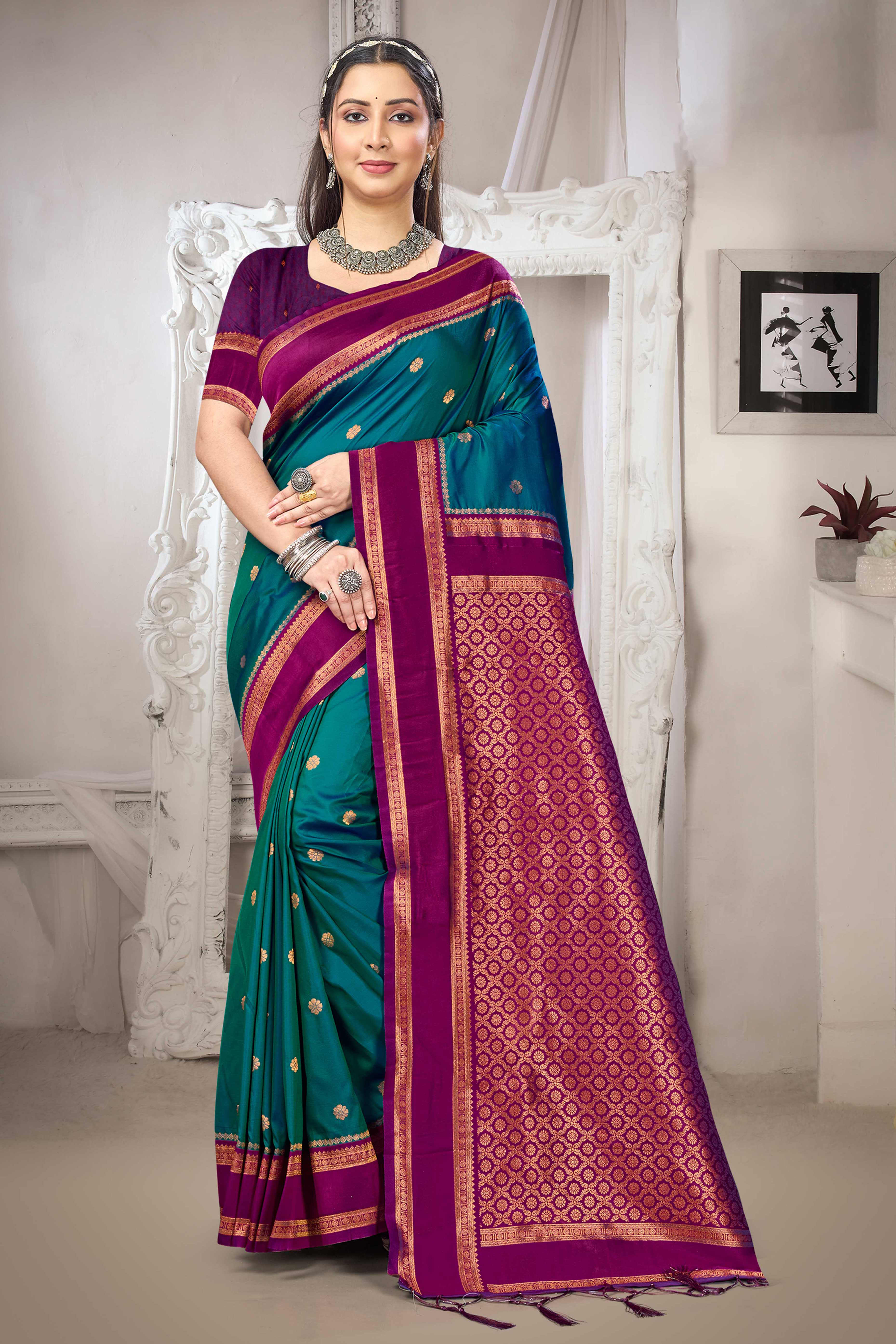 Classic Morpich Blue Floral Motif Weaving Silk Blend Saree With Tassel Pallu