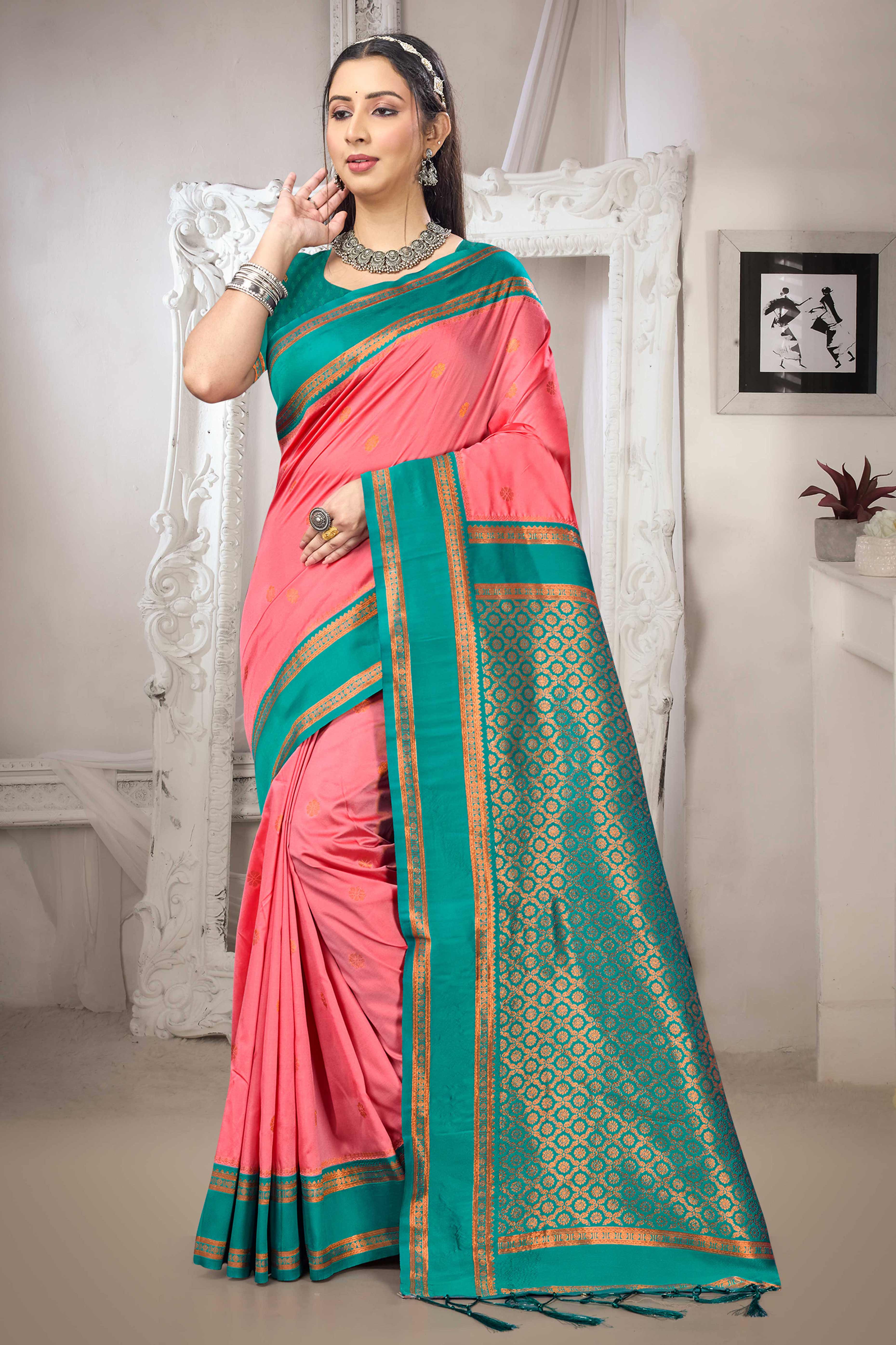 Classic Dark Peach Floral Motif Weaving Silk Blend Saree With Tassel Pallu
