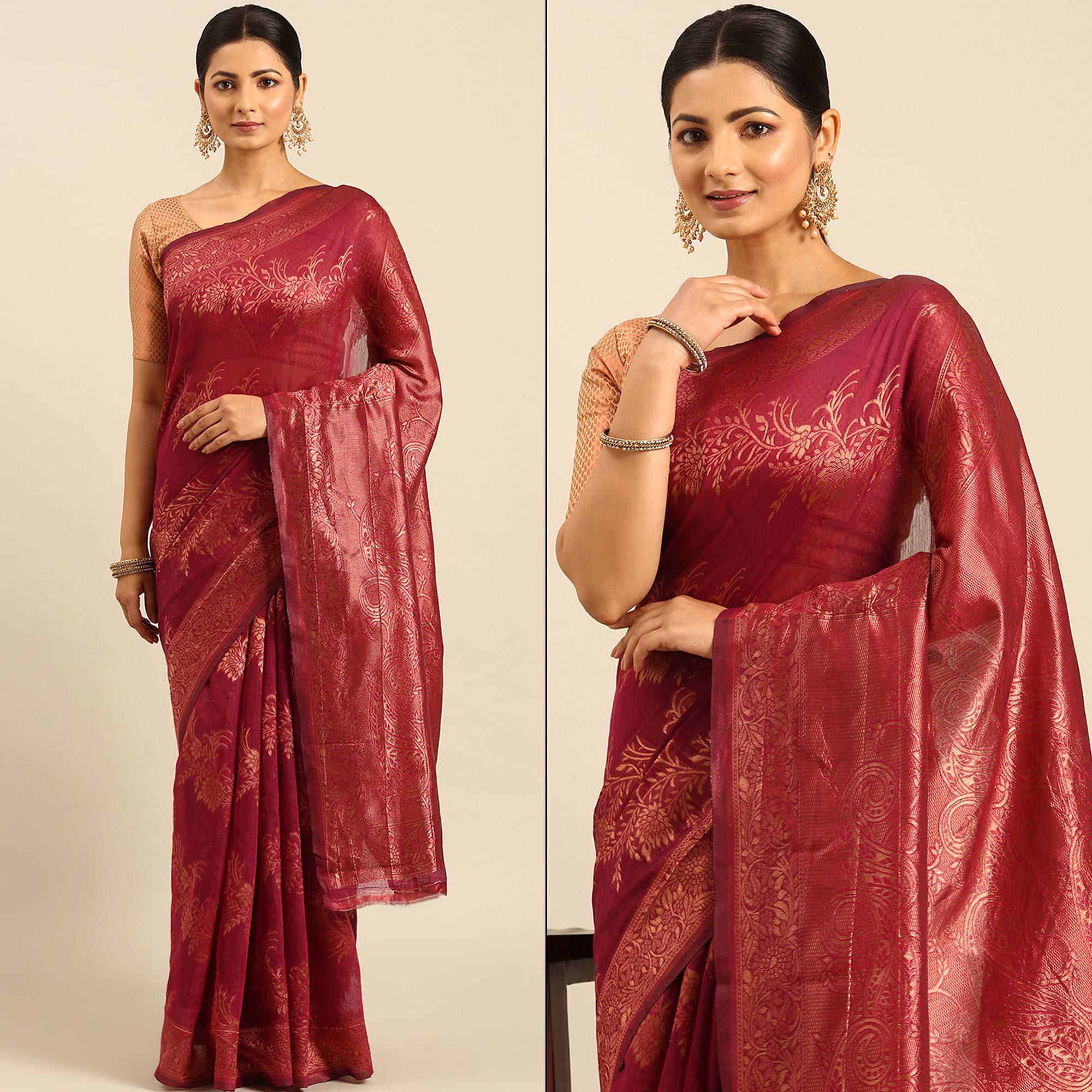 Magenta Floral Woven Cotton Silk Saree