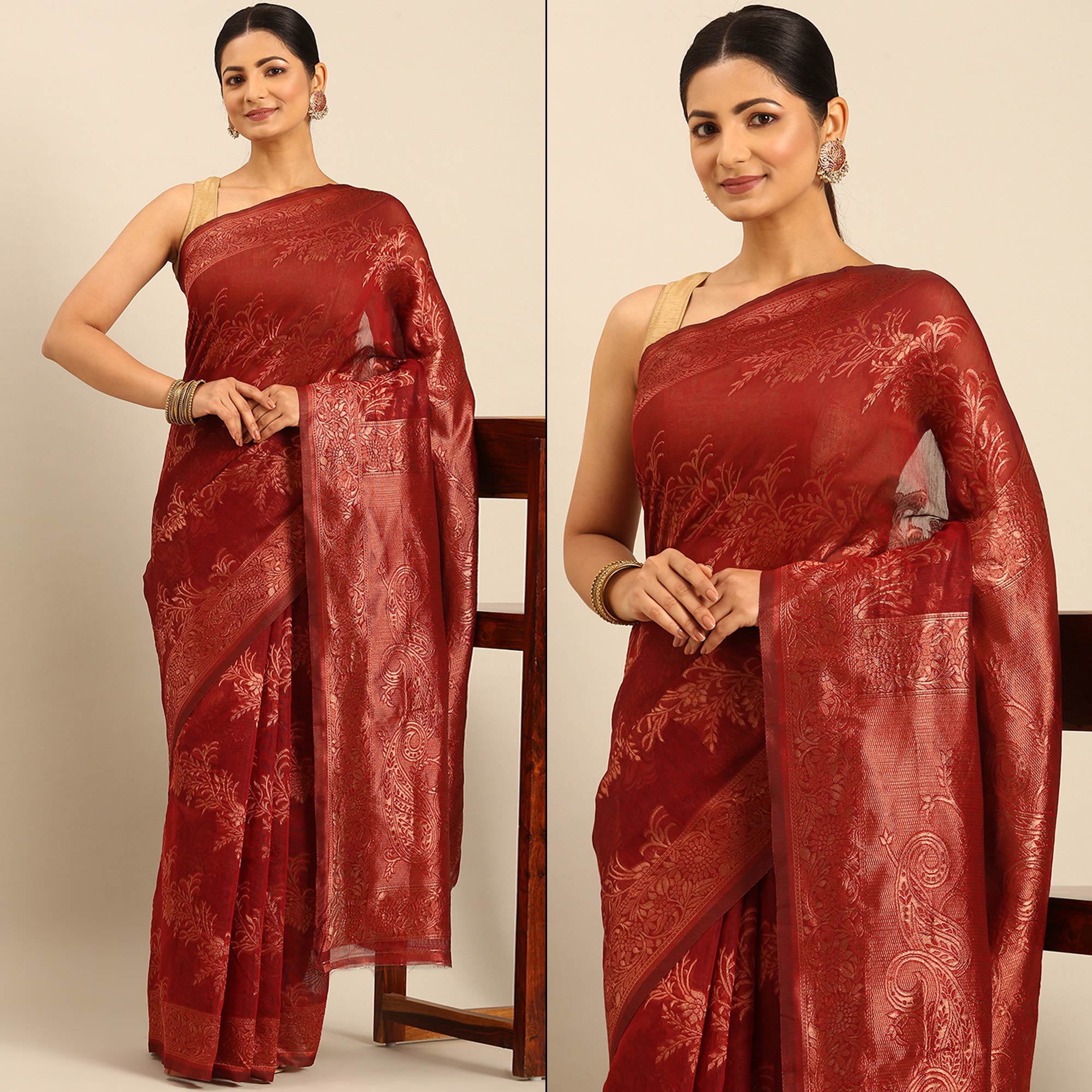 Maroon Floral Woven Cotton Silk Saree