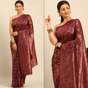Wine Floral Woven Cotton Silk Saree