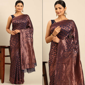 Navy Blue Floral Woven Cotton Silk Saree