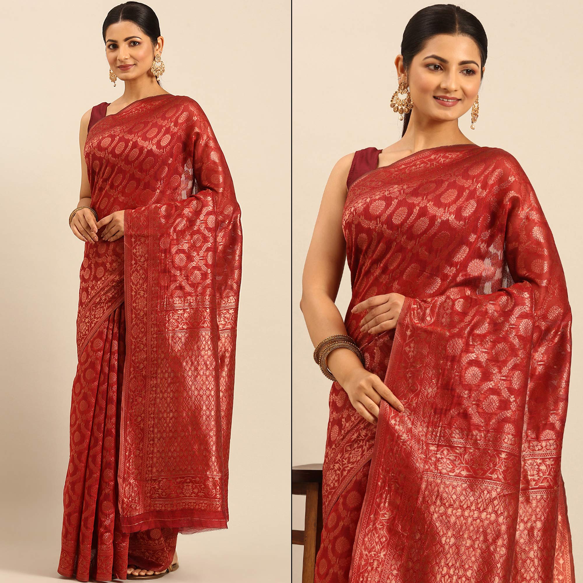 Red Floral Woven Cotton Silk Saree