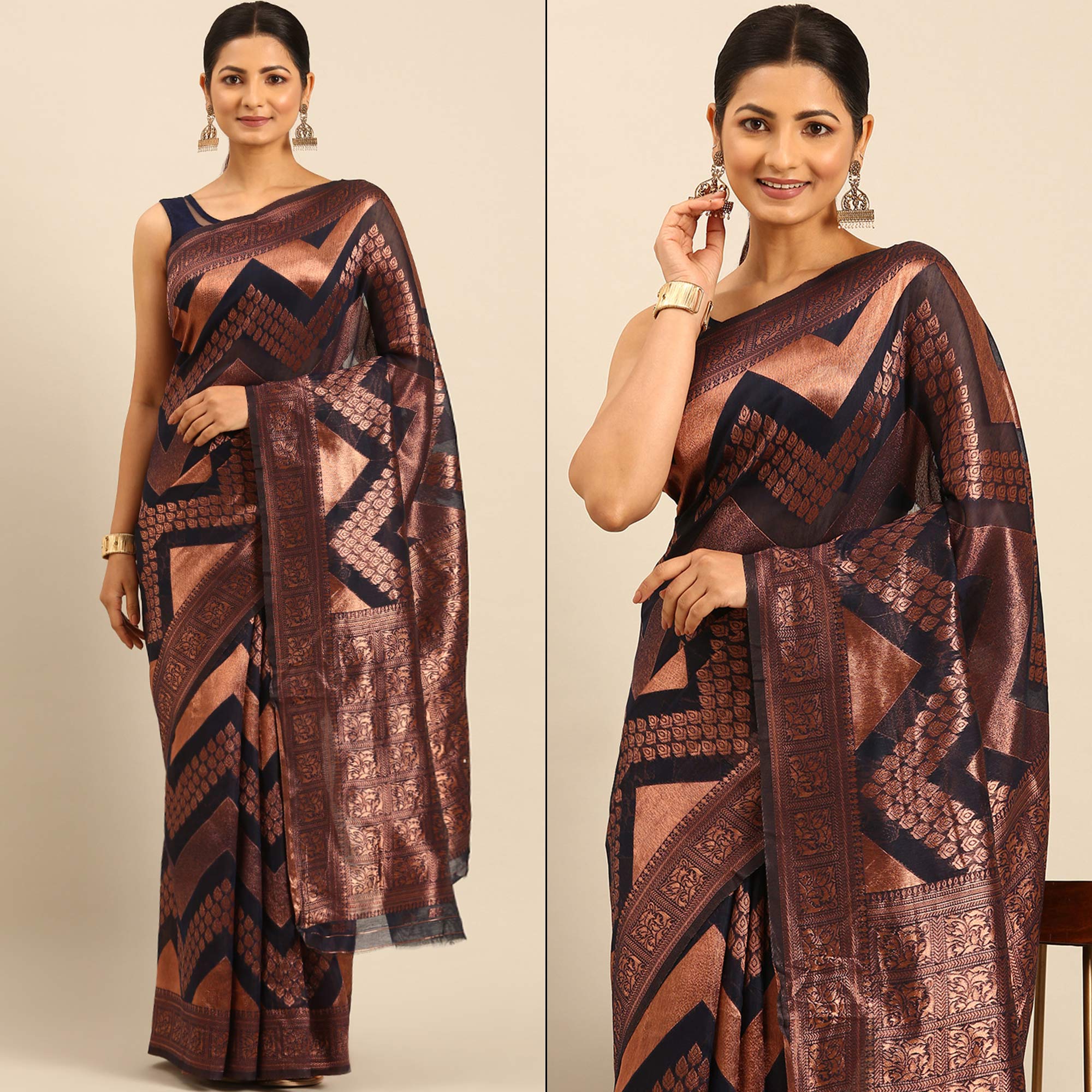 Navy Blue Floral Woven Cotton Silk Saree