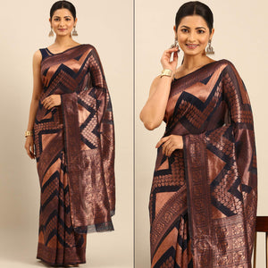 Navy Blue Floral Woven Cotton Silk Saree