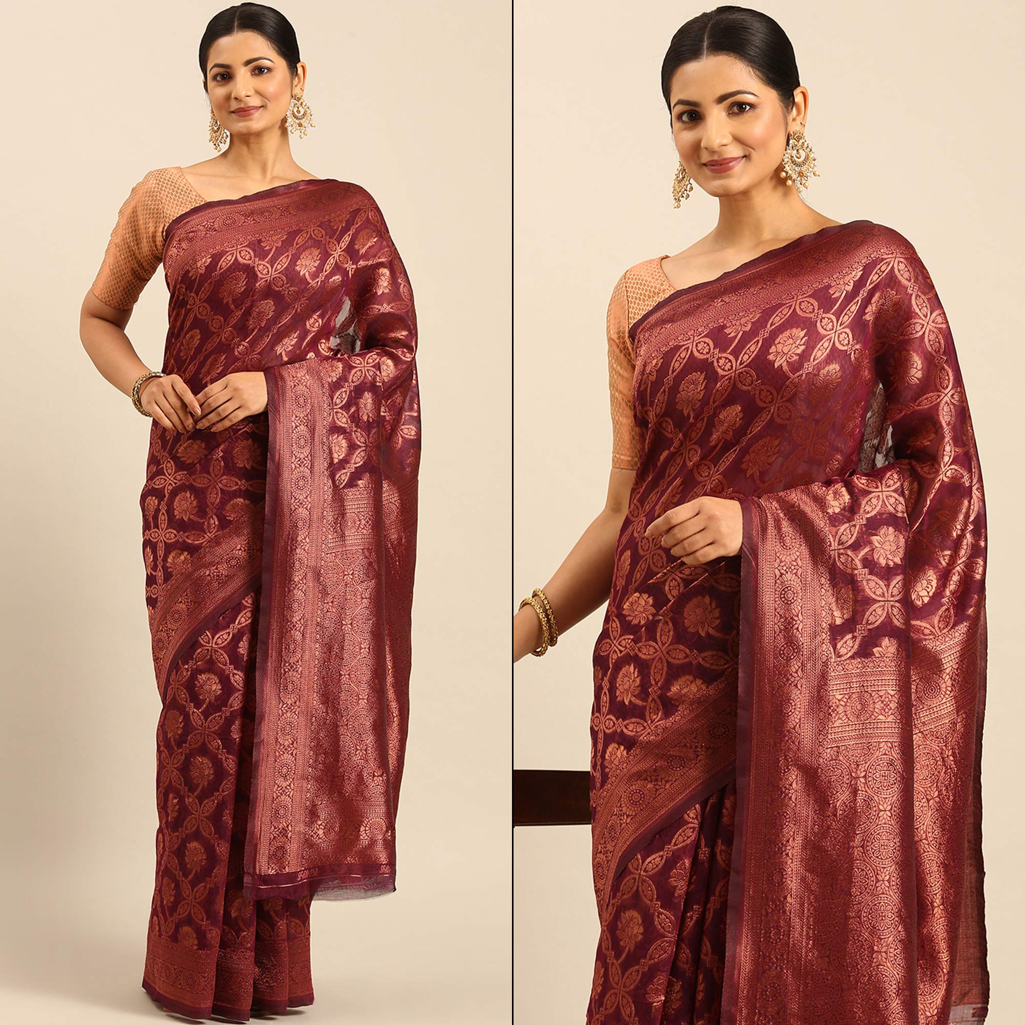Wine Floral Woven Cotton Silk Saree