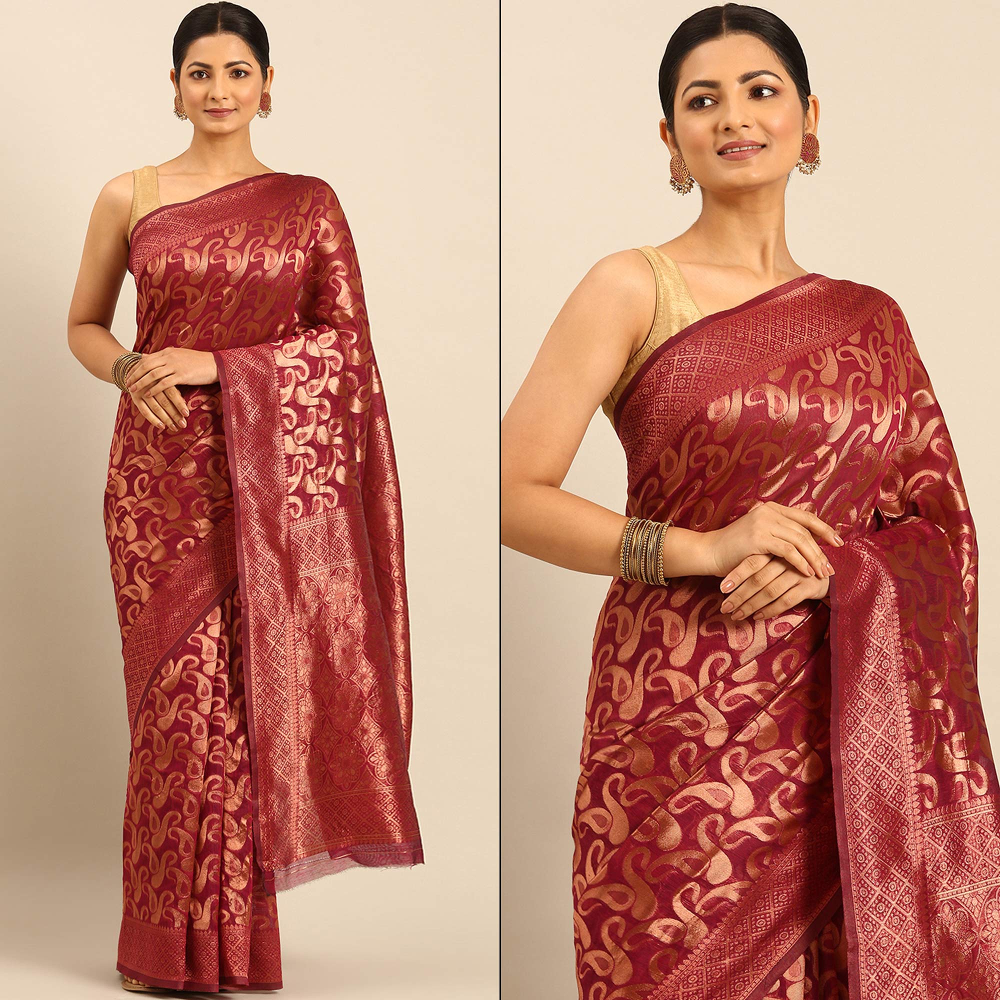 Magenta Floral Woven Cotton Silk Saree