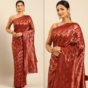 Maroon Floral Woven Cotton Silk Saree