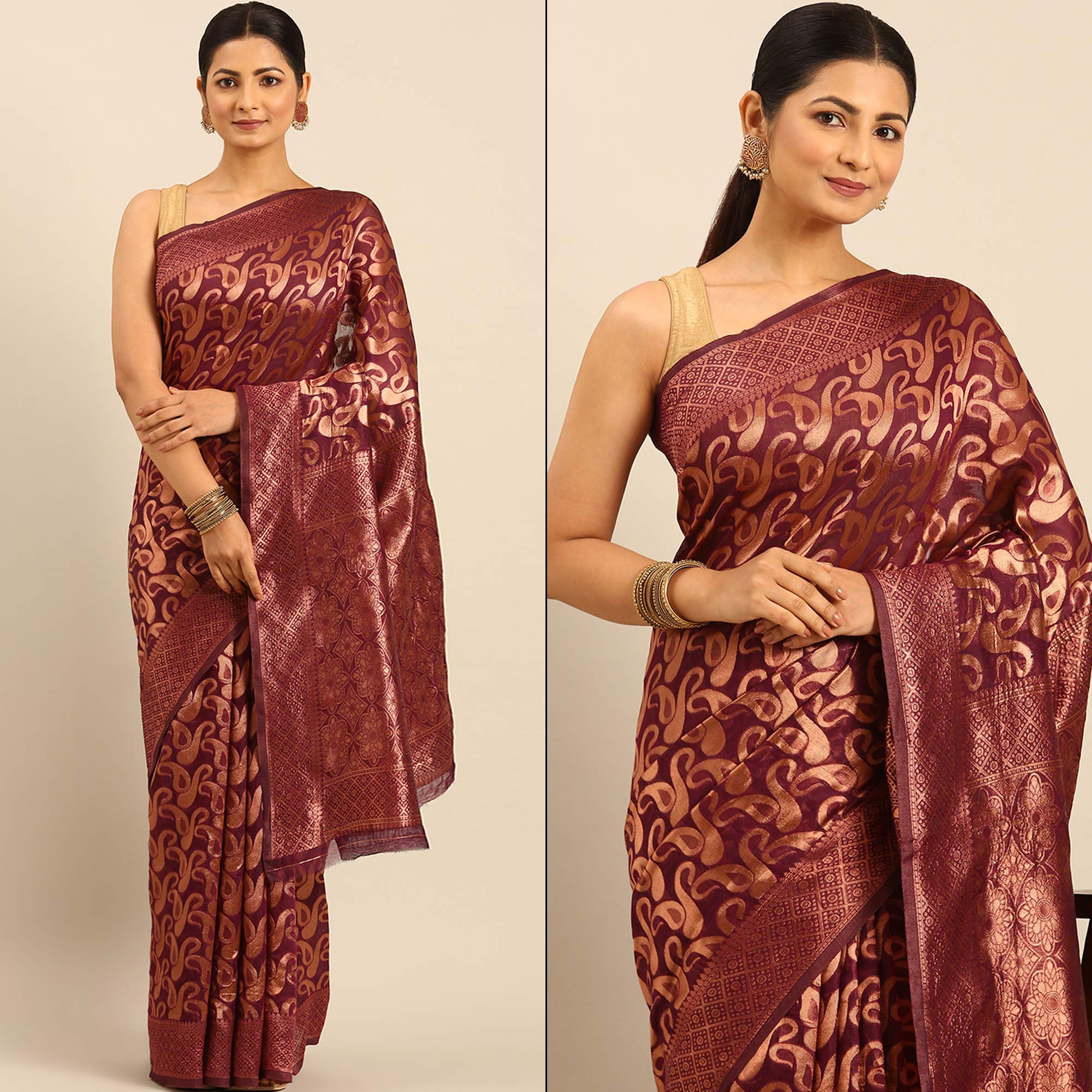 Wine Floral Woven Cotton Silk Saree