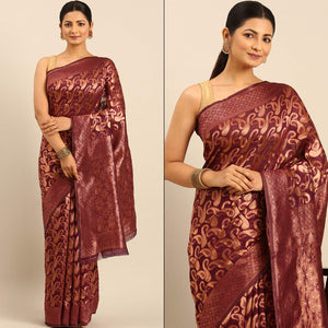Wine Floral Woven Cotton Silk Saree