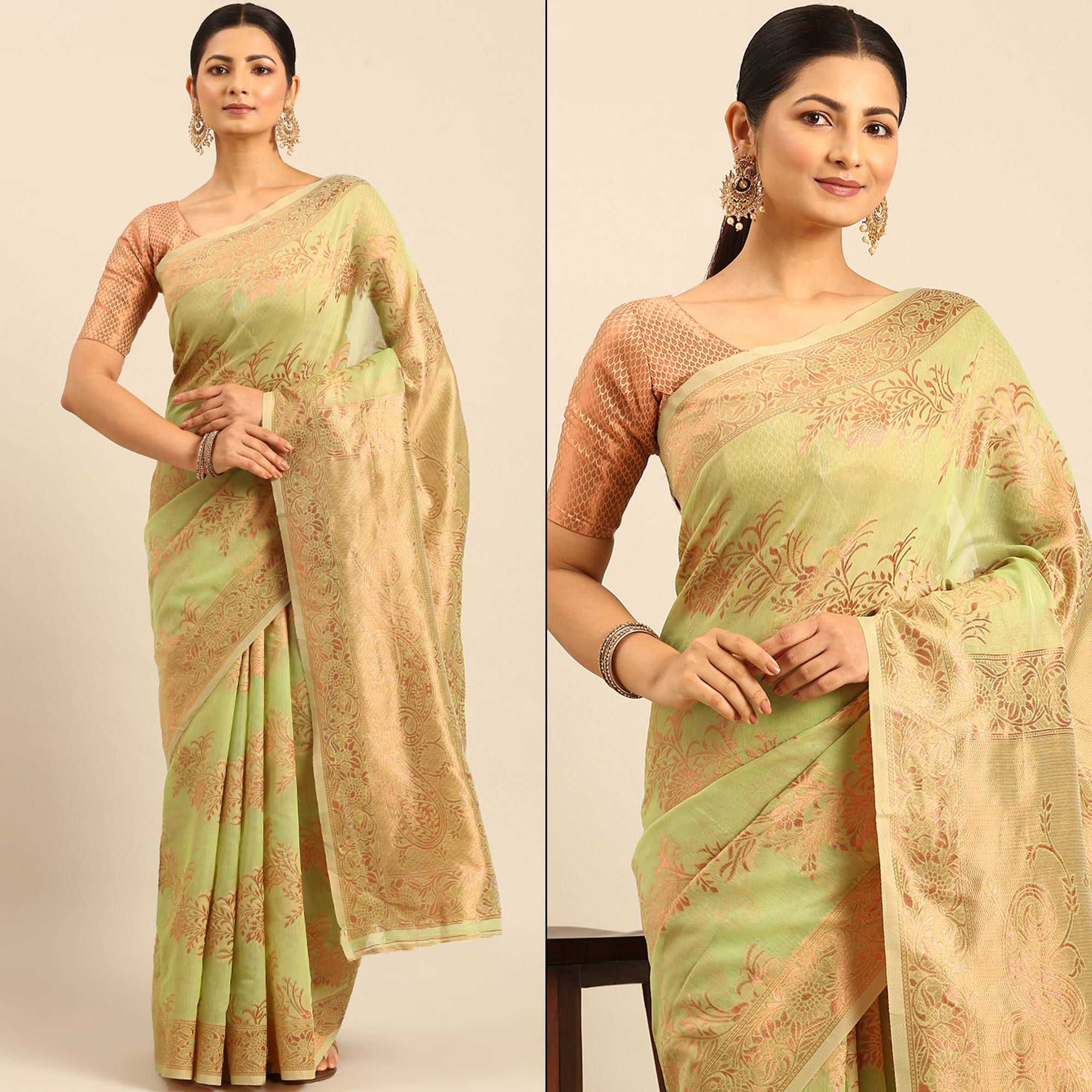Green Floral Woven Cotton Silk Saree
