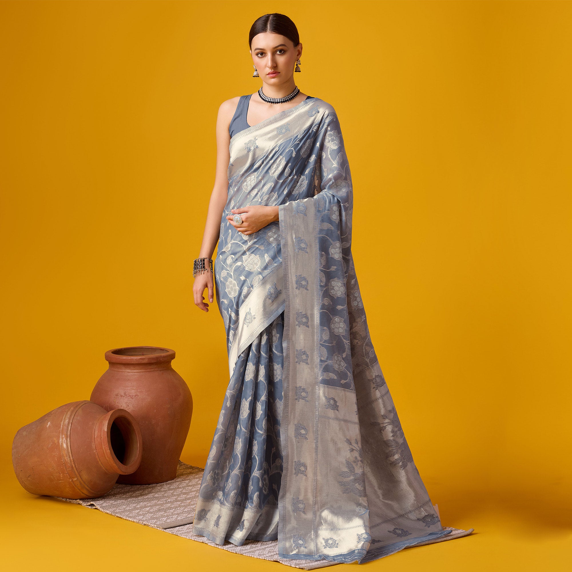 Grey Floral Woven Cotton Blend Saree