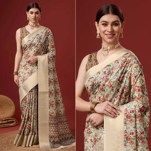 Beige Digital Printed Cotton Silk Saree With Border