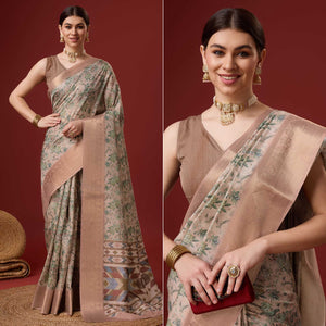 Beige Digital Printed Cotton Silk Saree With Border