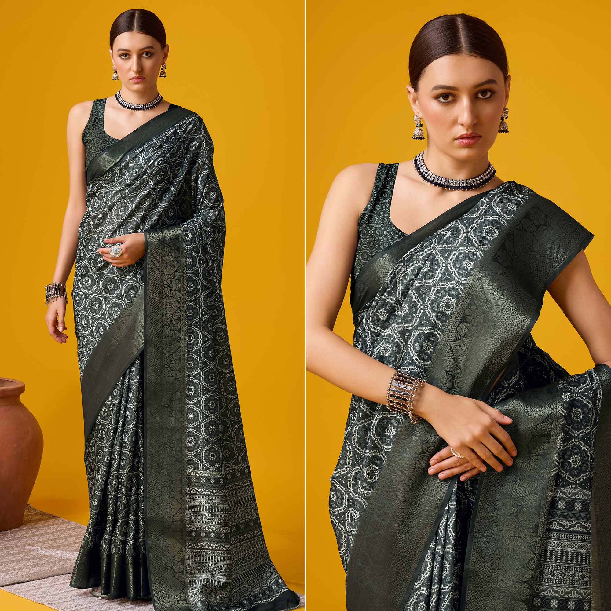 Black Digital Printed Cotton Silk Saree With Border