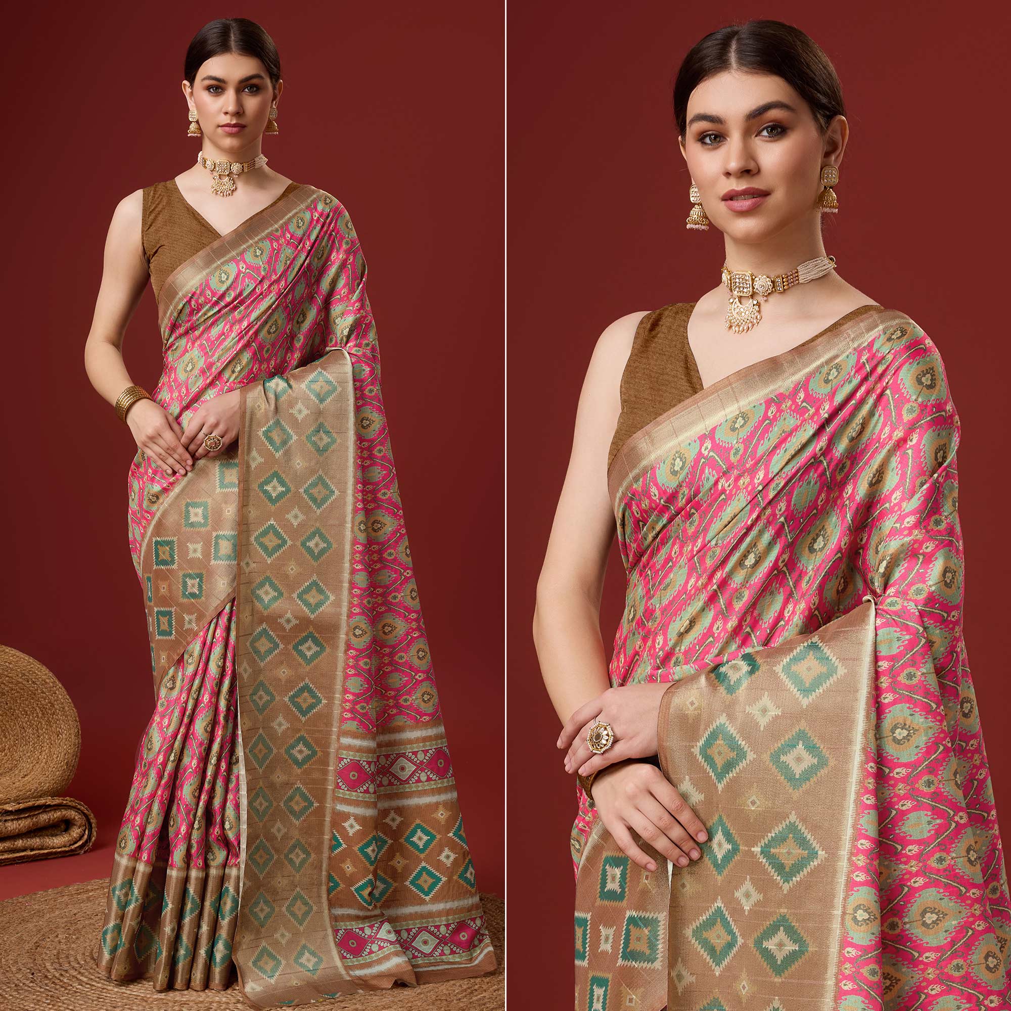 Pink Digital Printed Cotton Silk Saree With Border