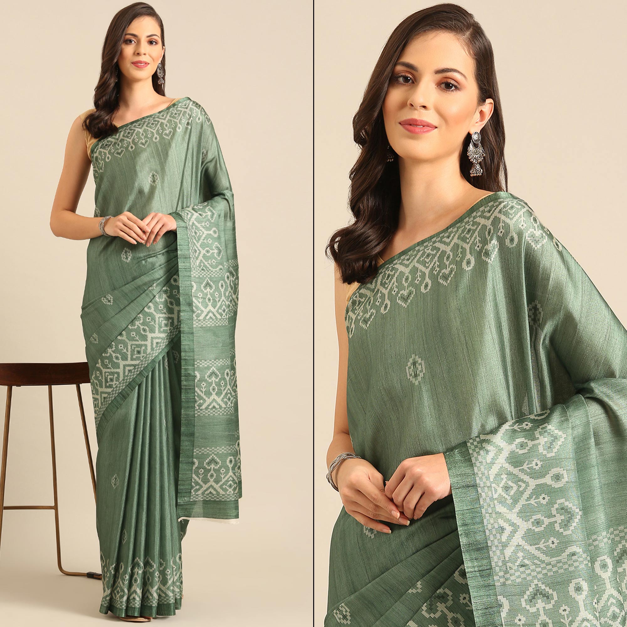 Green Digital Print Cotton Blend Saree