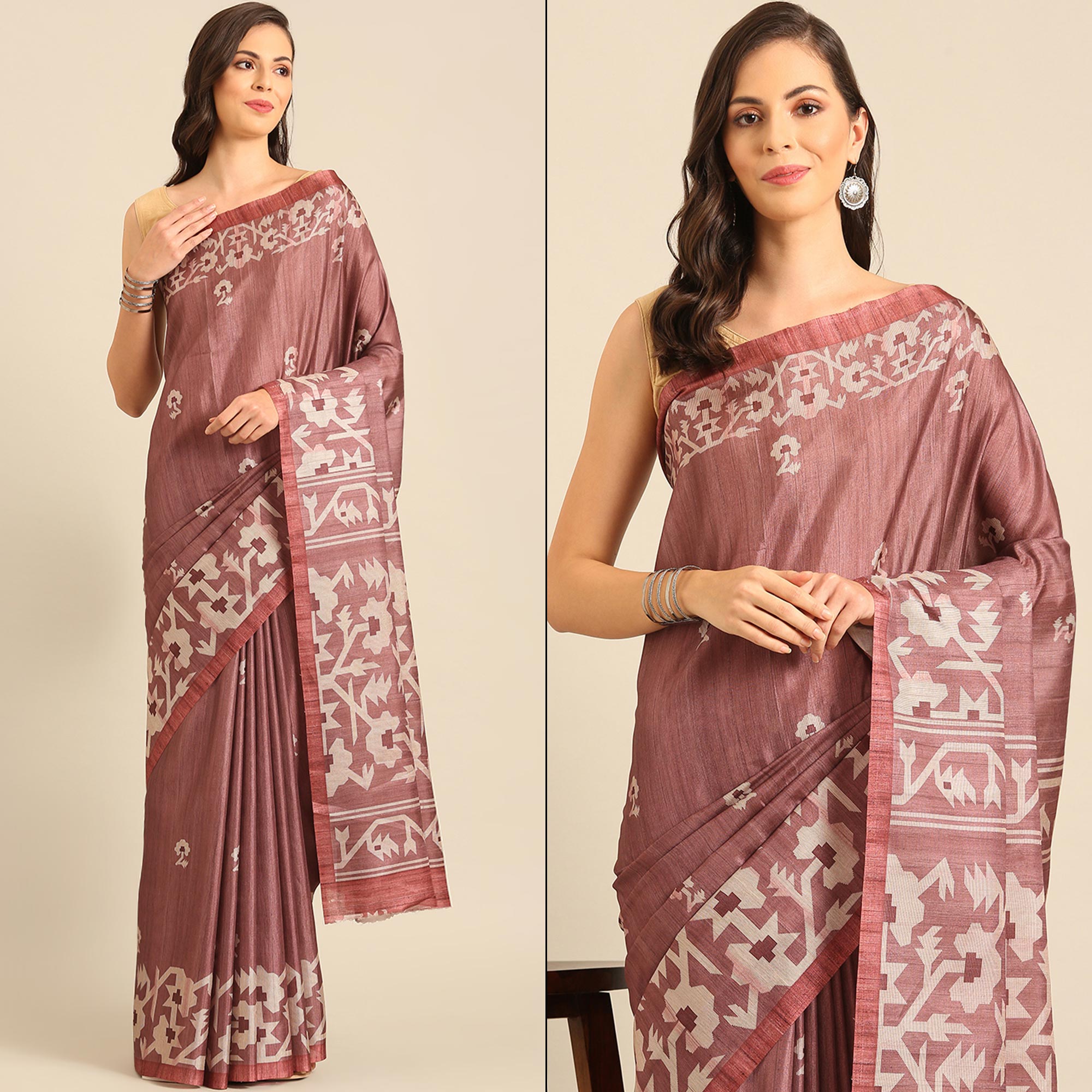 Dusty Rose Pink Digital Printed Cotton Blend Saree