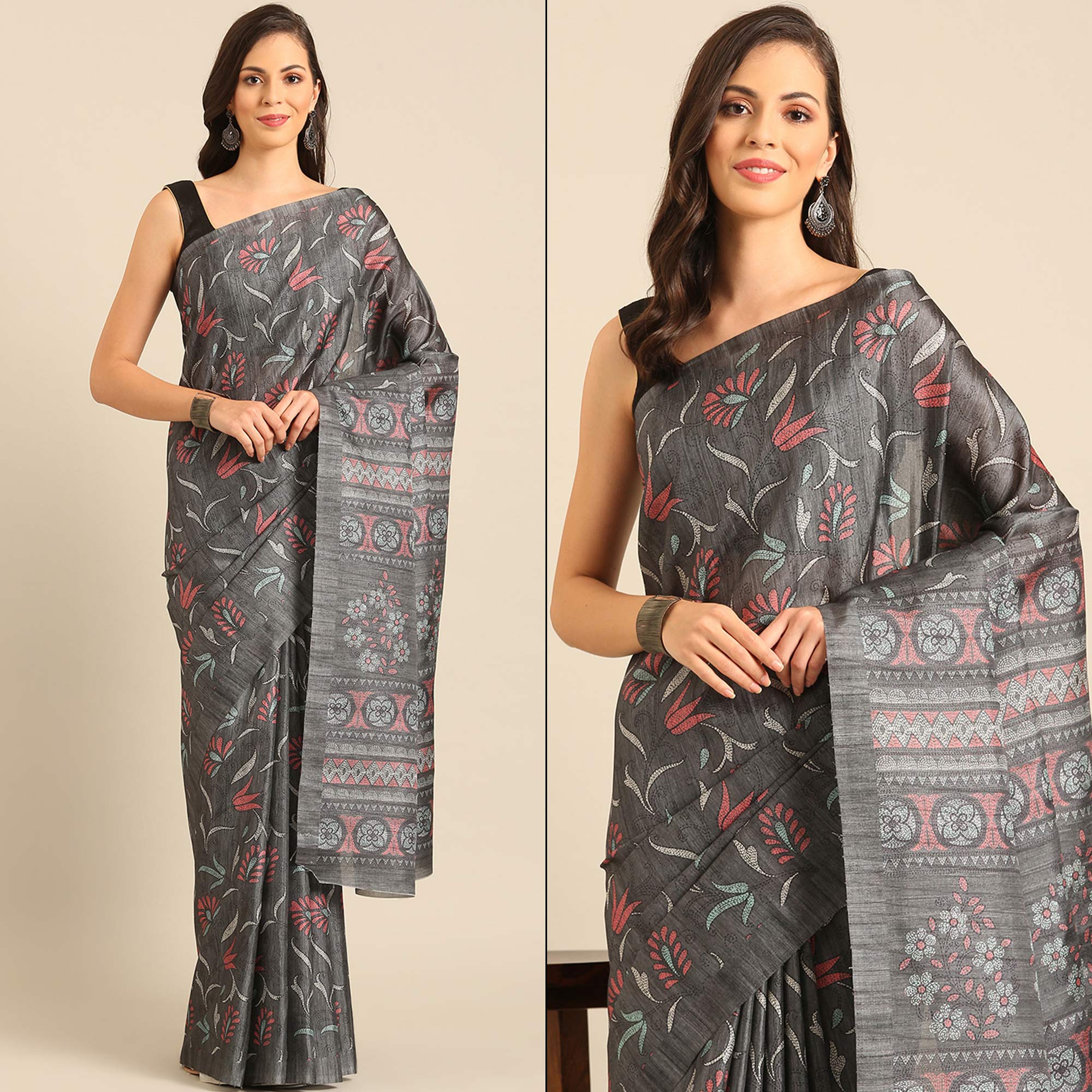 Grey Floral Digital Printed Cotton Blend Saree