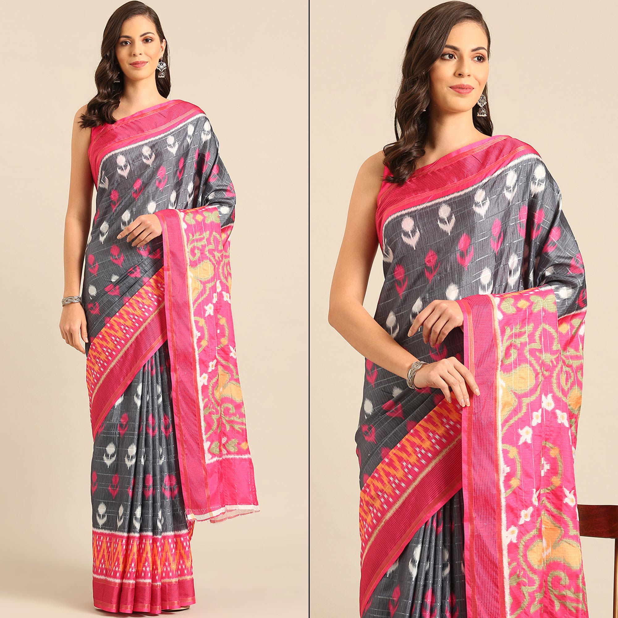 Grey Digital Patola Printed Cotton Blend Saree