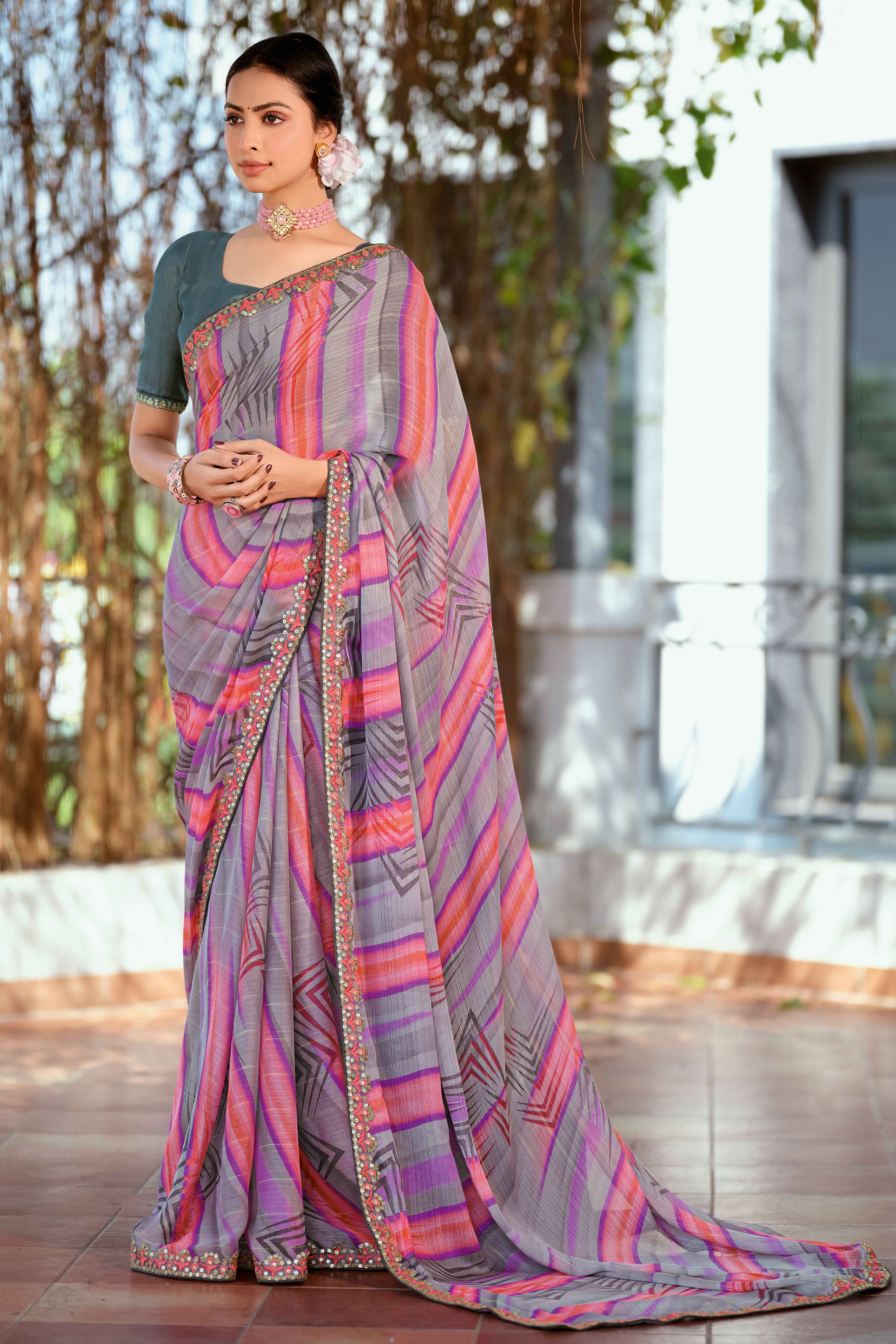 Festive Lilac Purple Georgette Saree with Dazzling Sequin Work Border