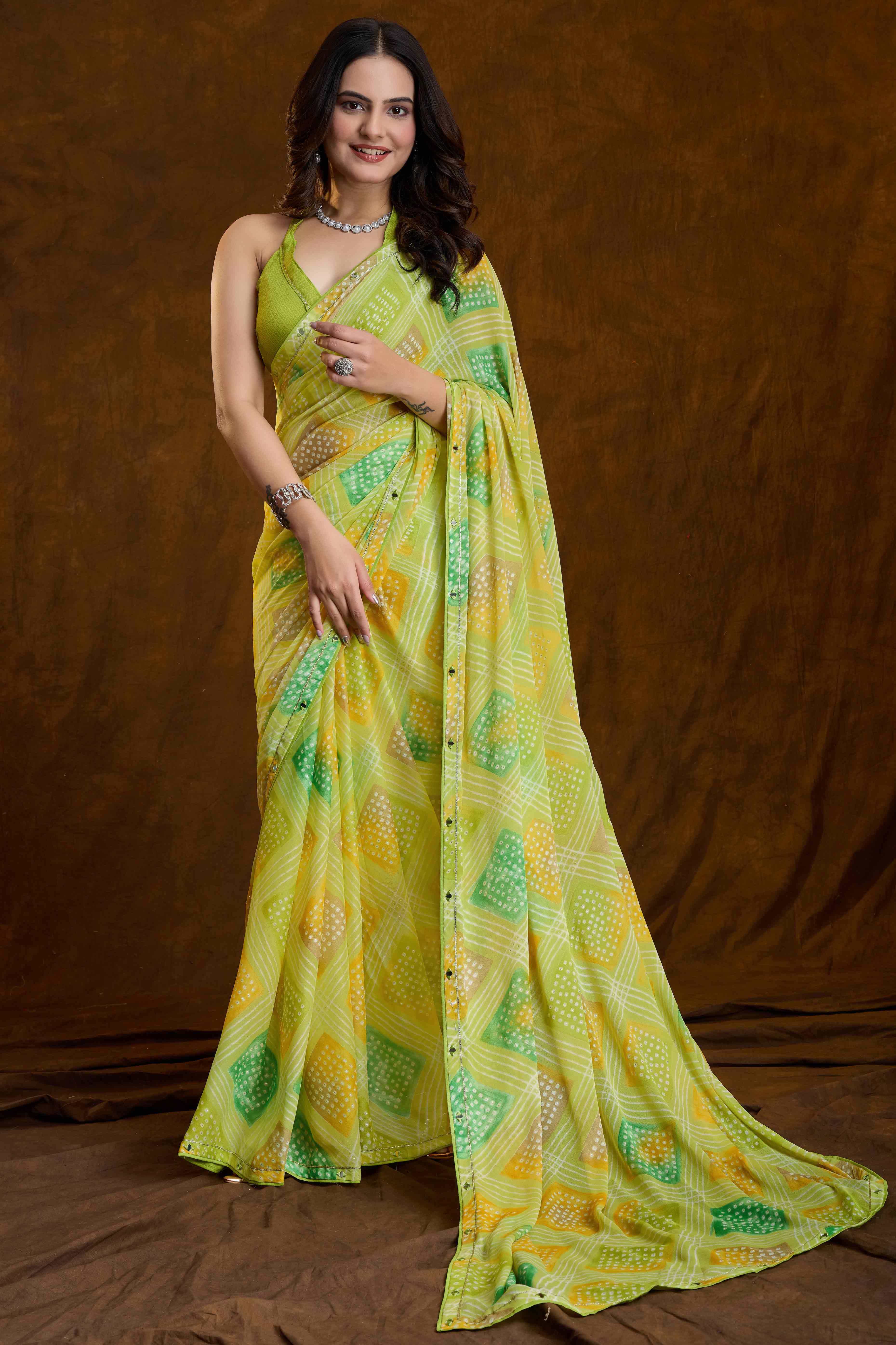 Lemon Green Bandhani Printed Chiffon Saree With Sparkling Mirror Work Border