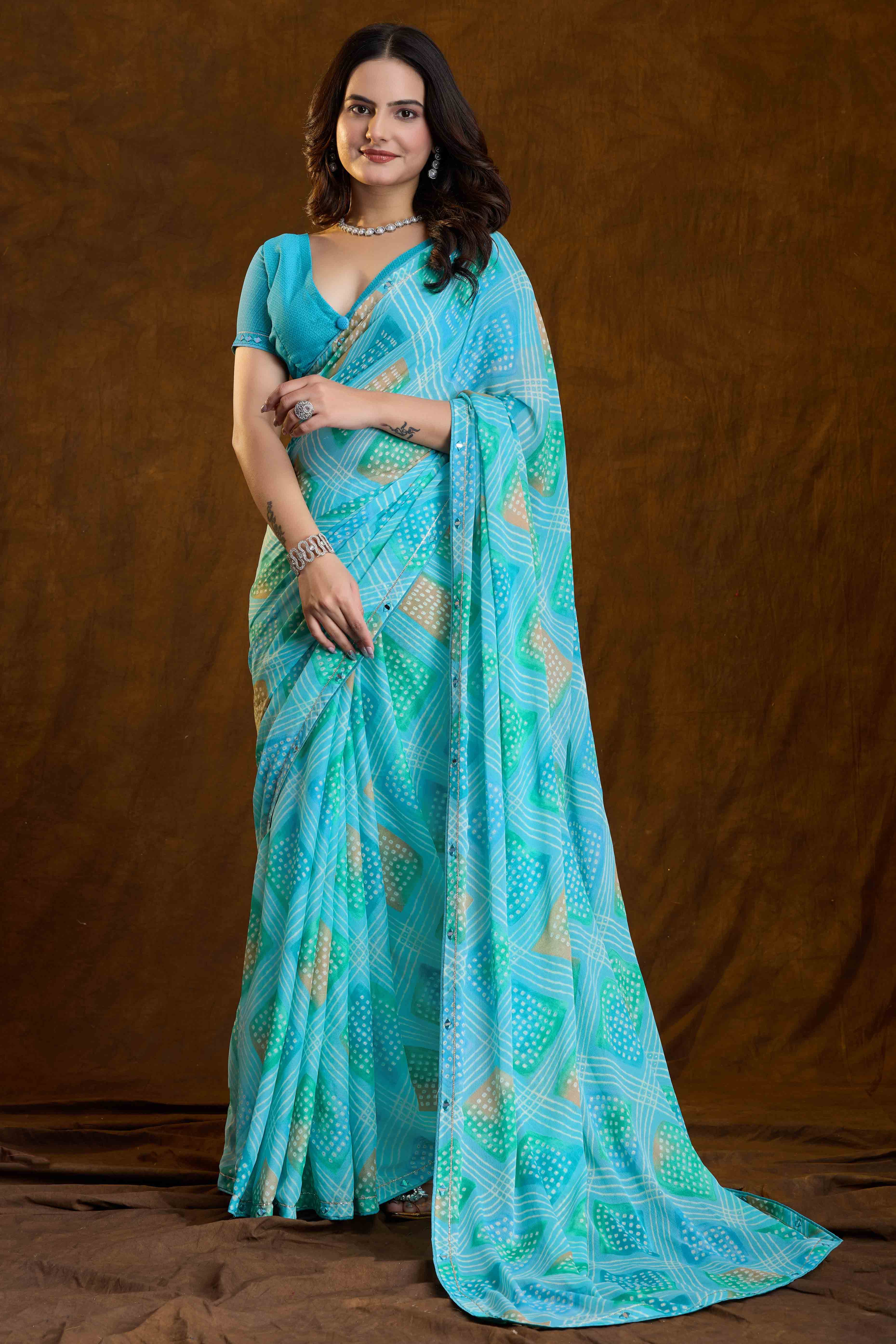 Blue Bandhani Printed Chiffon Saree With Sparkling Mirror Work Border