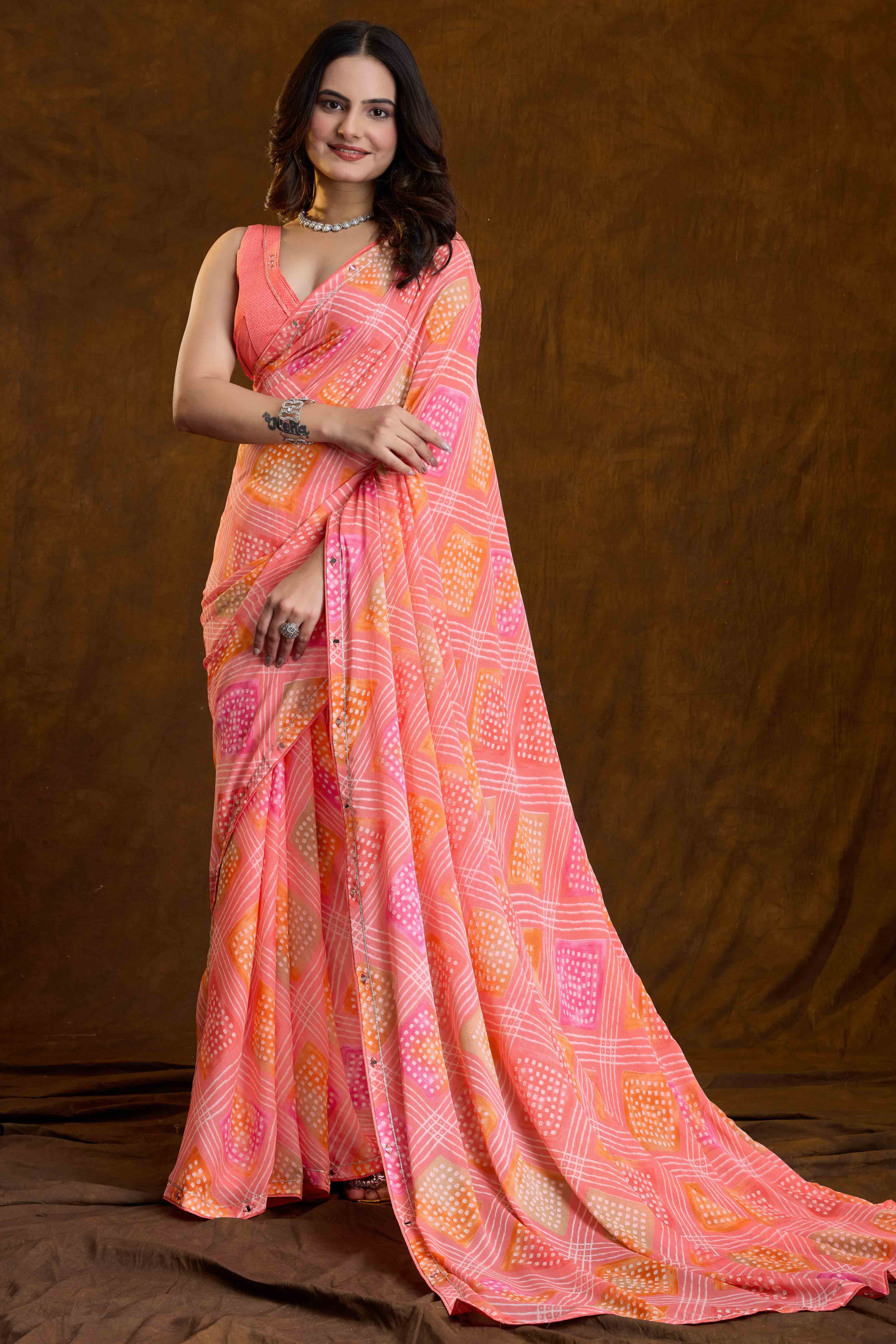 Gajari Pink Bandhani Printed Chiffon Saree With Sparkling Mirror Work Border
