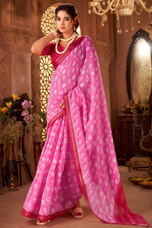 Sophisticated Pink Mulmul Cotton Saree Featuring Delicate Floral Prints & Weaving Border