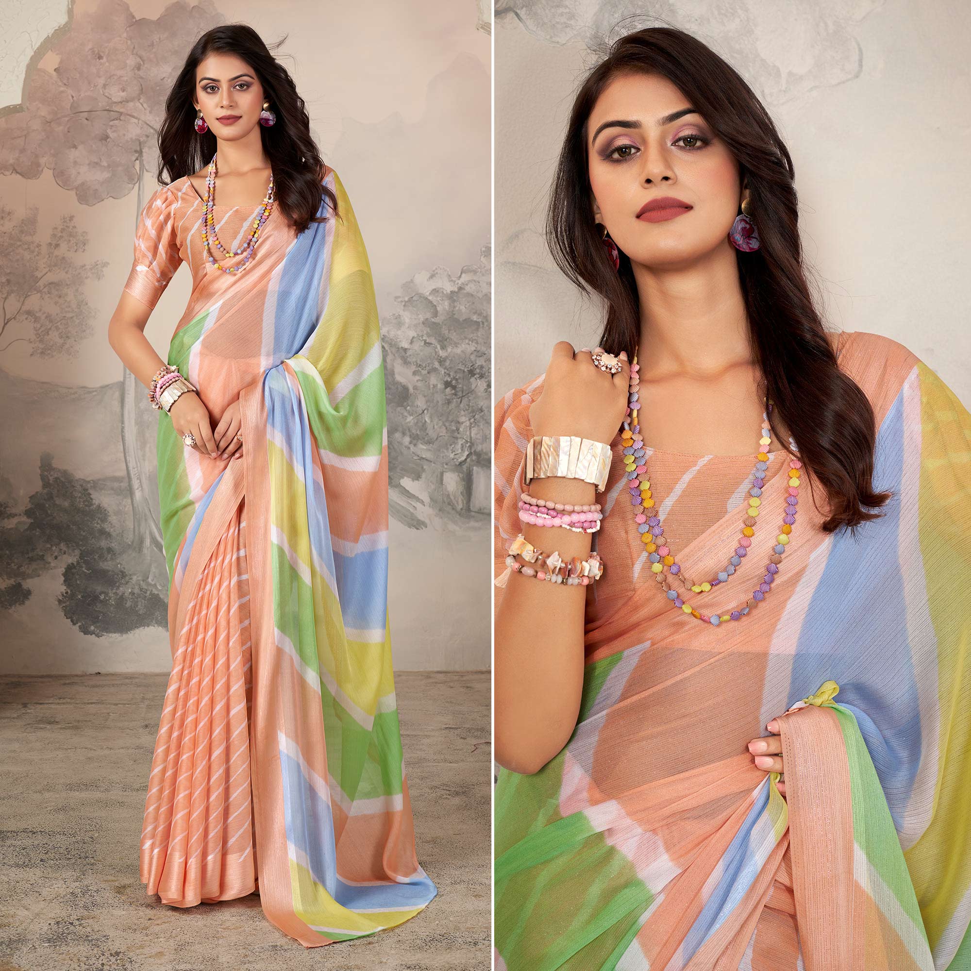 Orange Printed Chiffon Saree