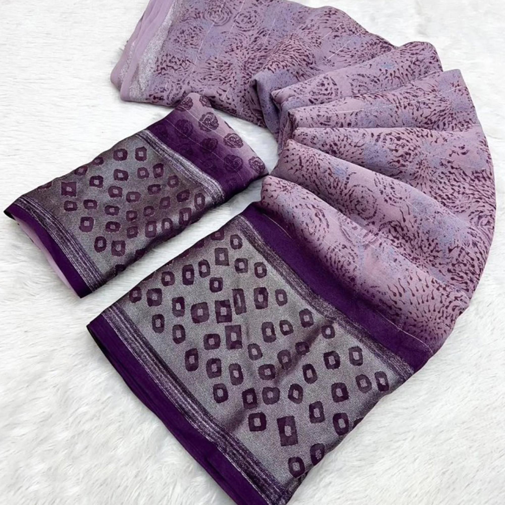 Purple Floral Printed Chiffon Saree