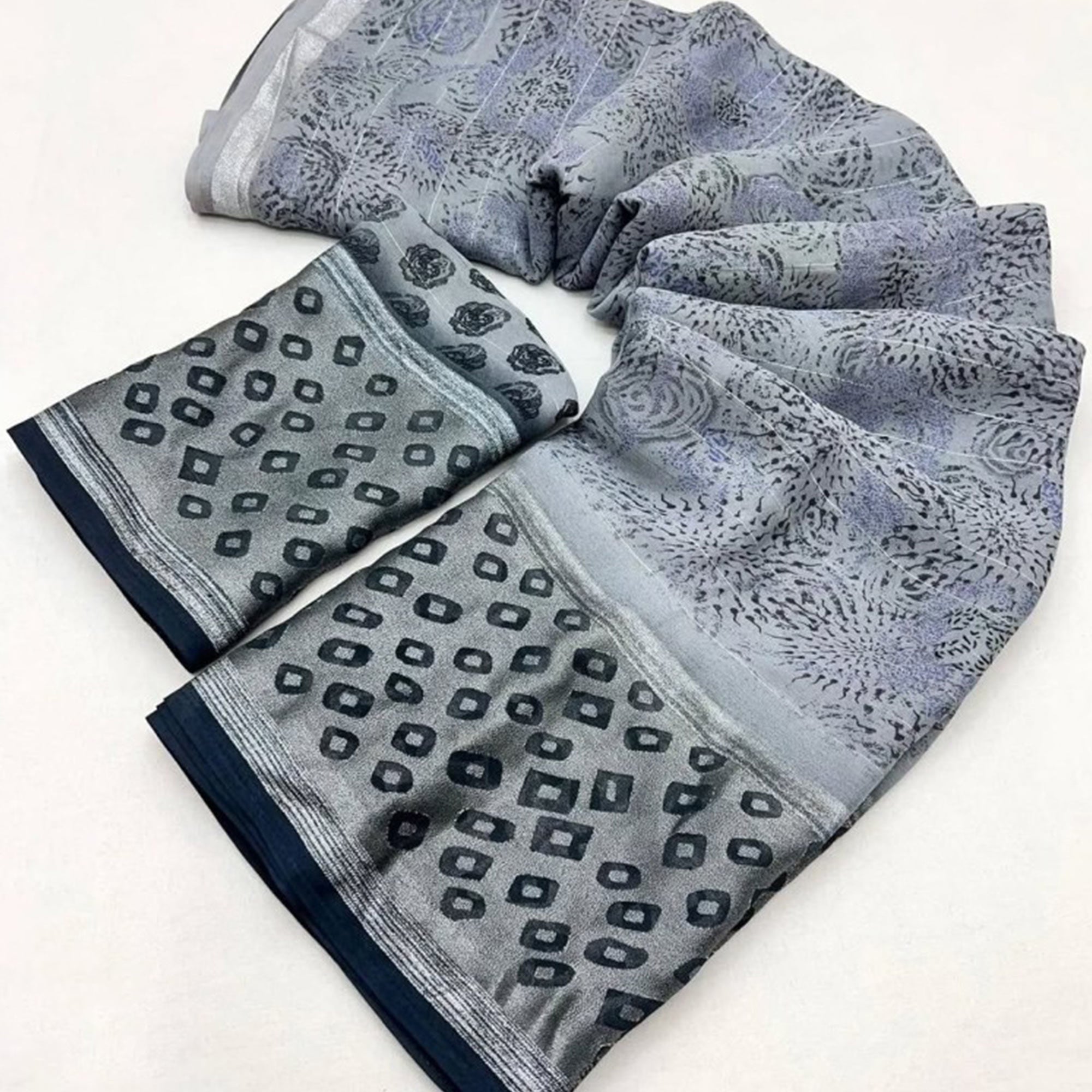 Grey Floral Printed Chiffon Saree