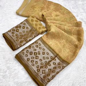 Beige Floral Printed Chiffon Saree
