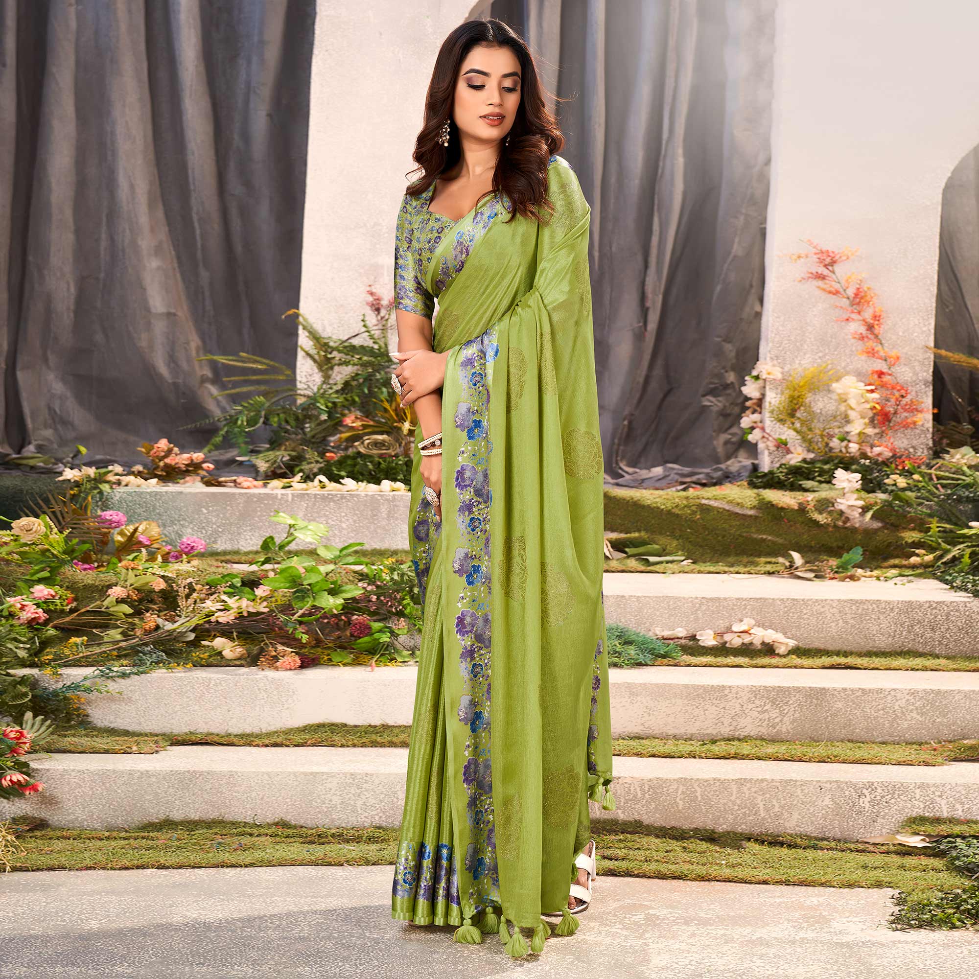 Green Floral Foil Printed Chiffon Saree With Tassels