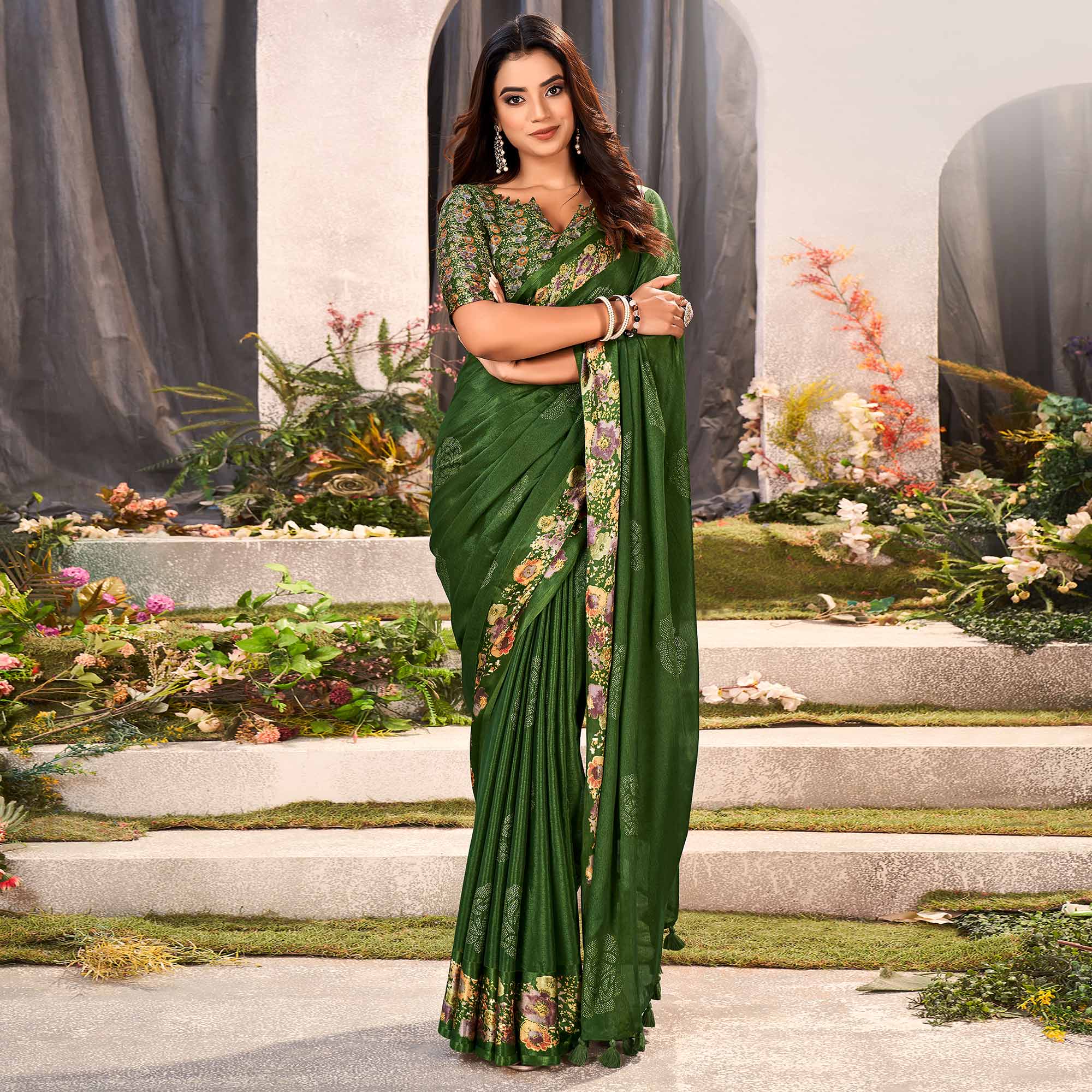 Green Floral Foil Printed Chiffon Saree With Tassels