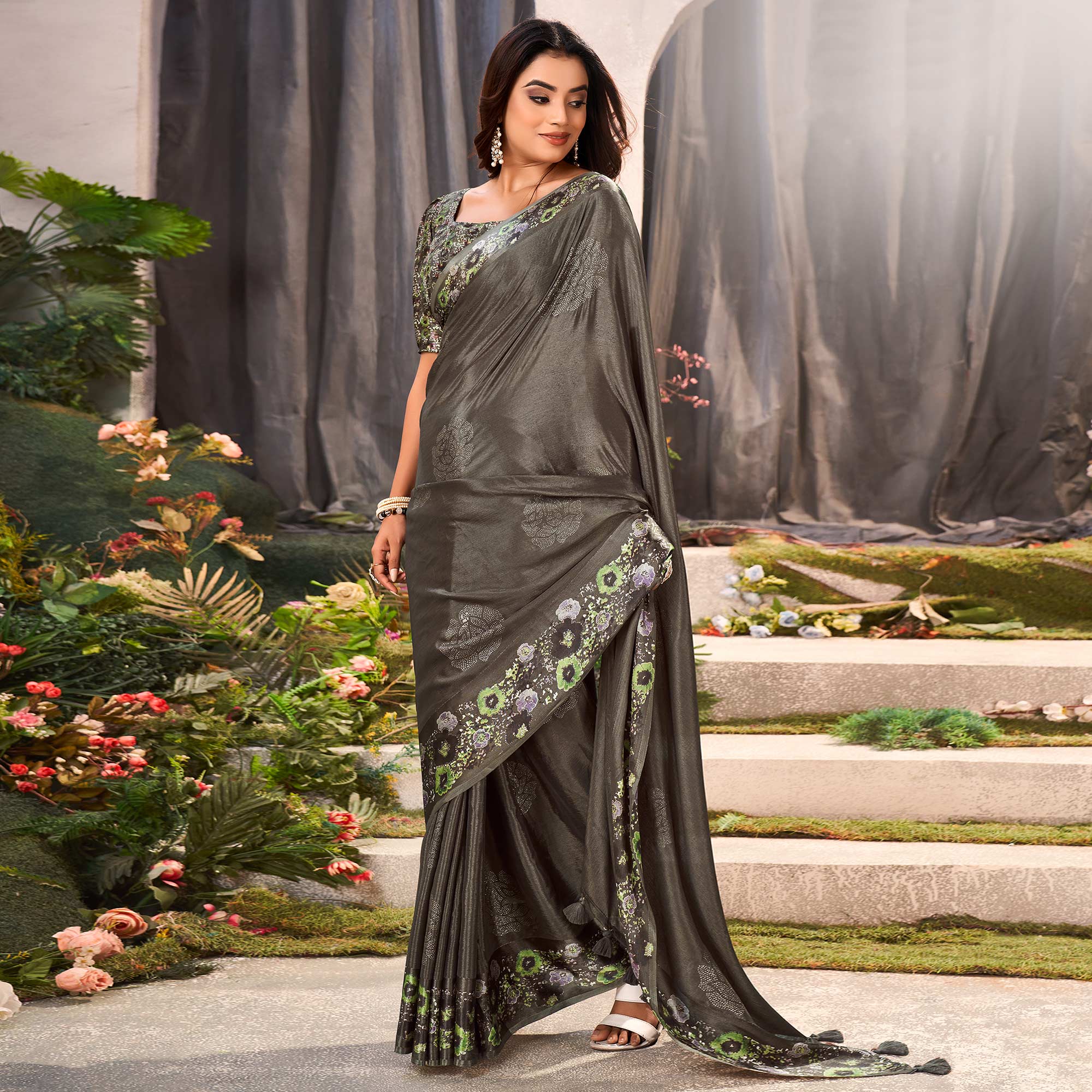 Grey Floral Foil Printed Chiffon Saree With Tassels