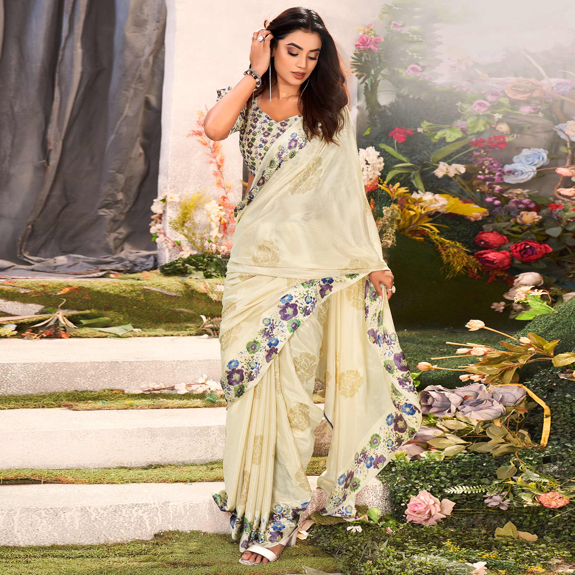 Cream Floral Foil Printed Chiffon Saree With Tassels