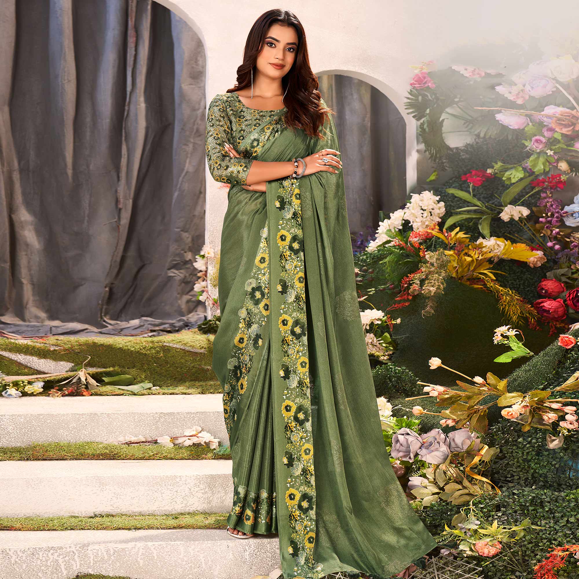 Green Floral Foil Printed Chiffon Saree With Tassels