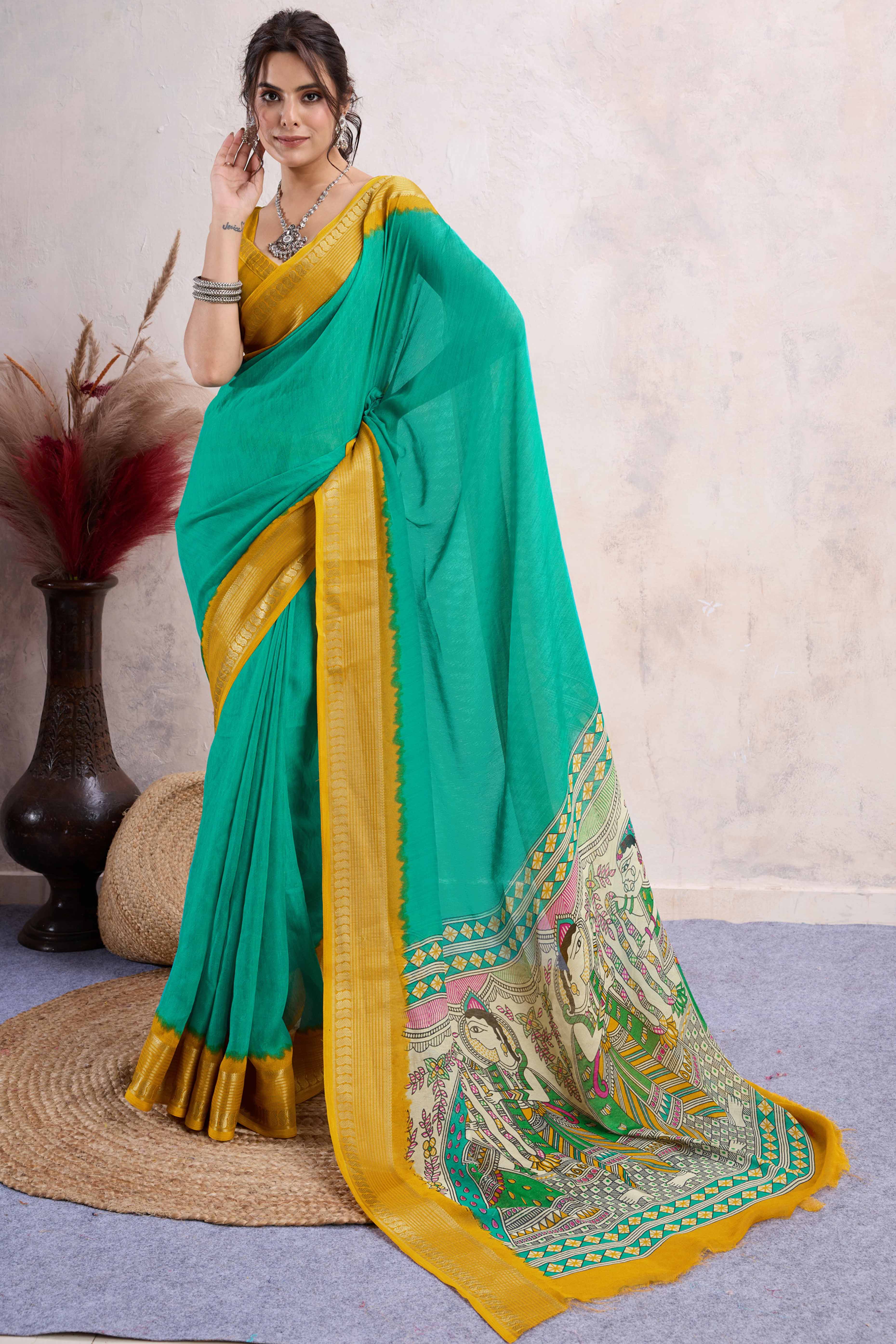 Turquoise Printed Cotton Silk Saree With Jacquard Border