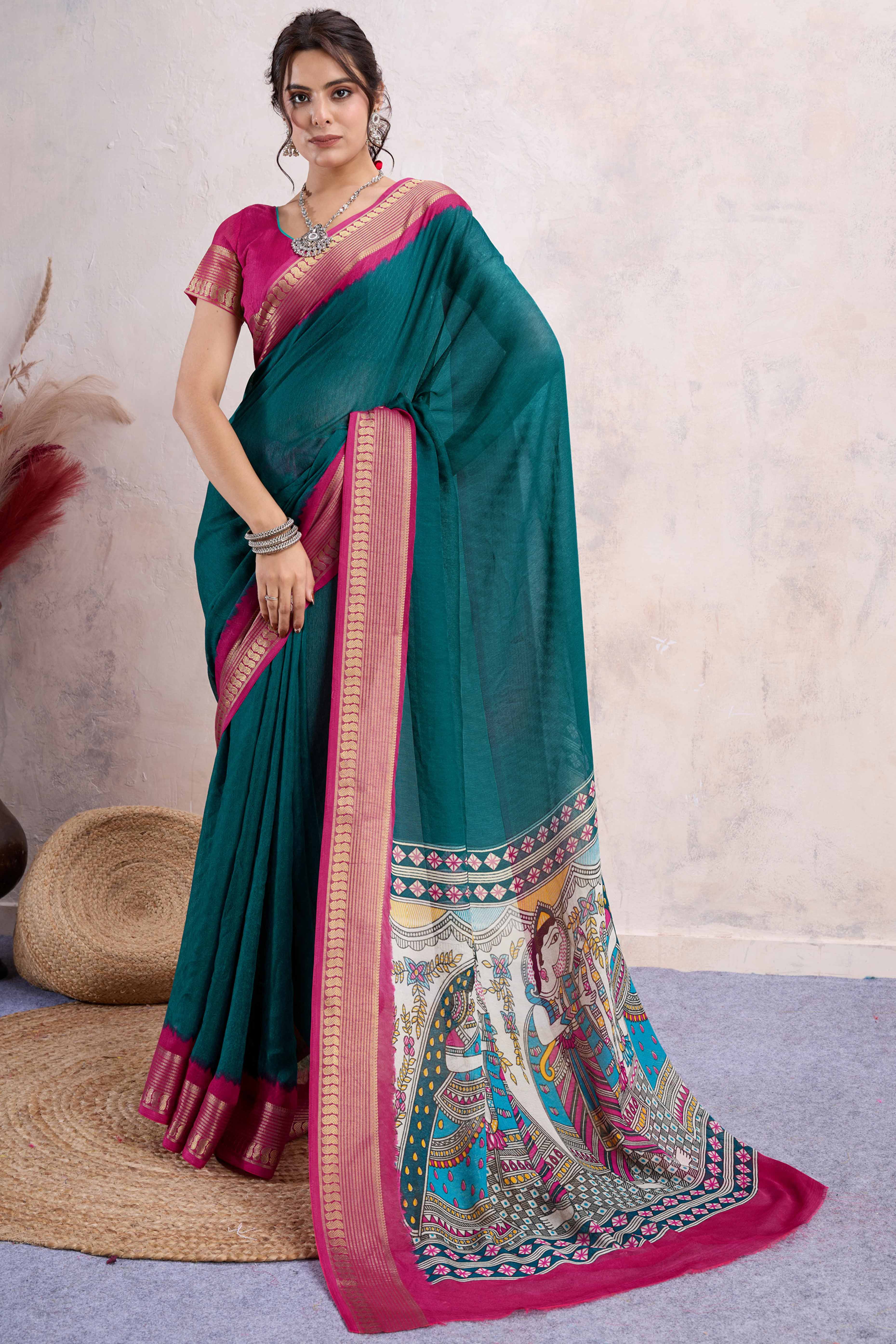 Morpich Green Printed Cotton Silk Saree With Jacquard Border