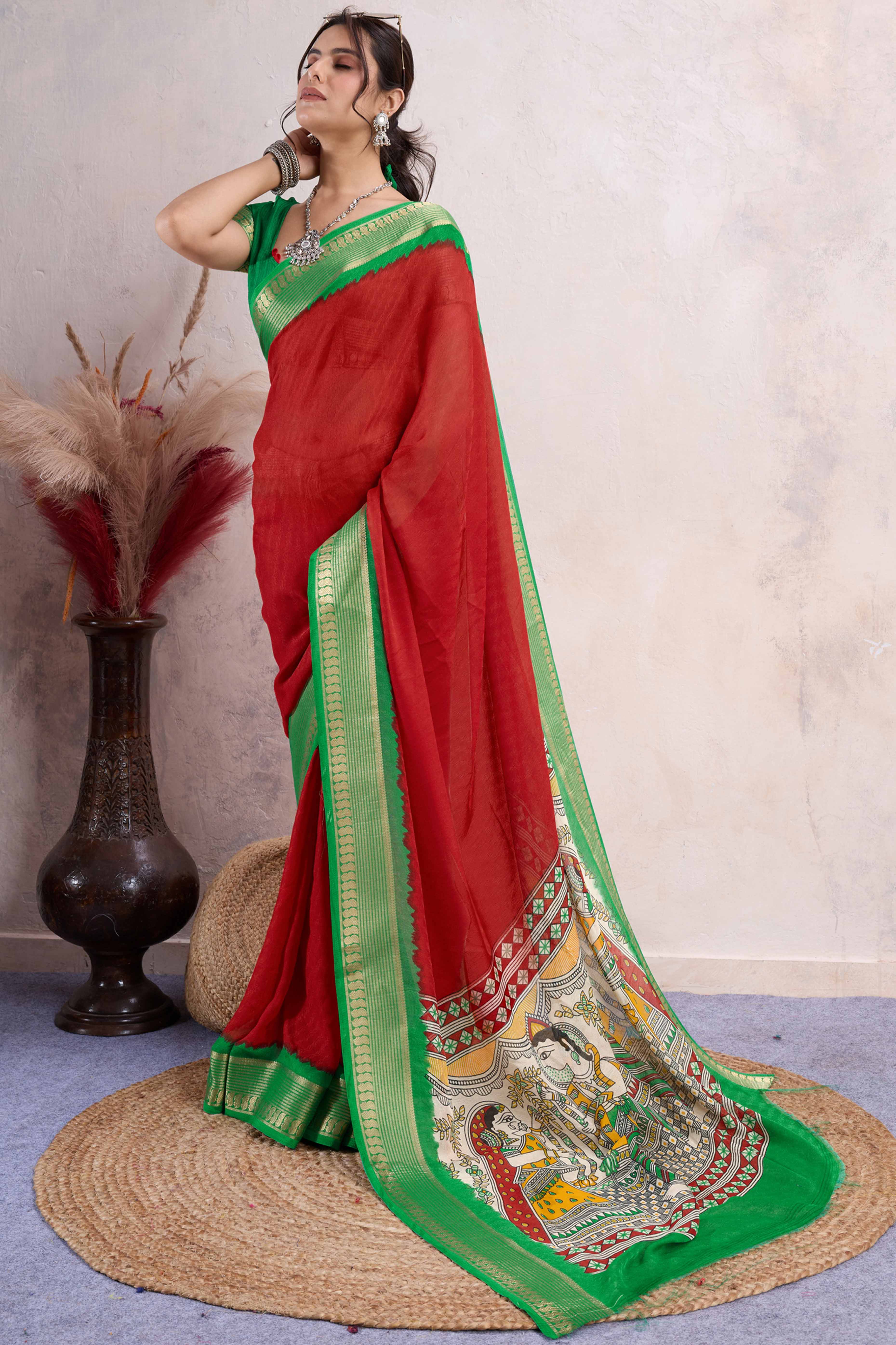 Red Printed Cotton Silk Saree With Jacquard Border