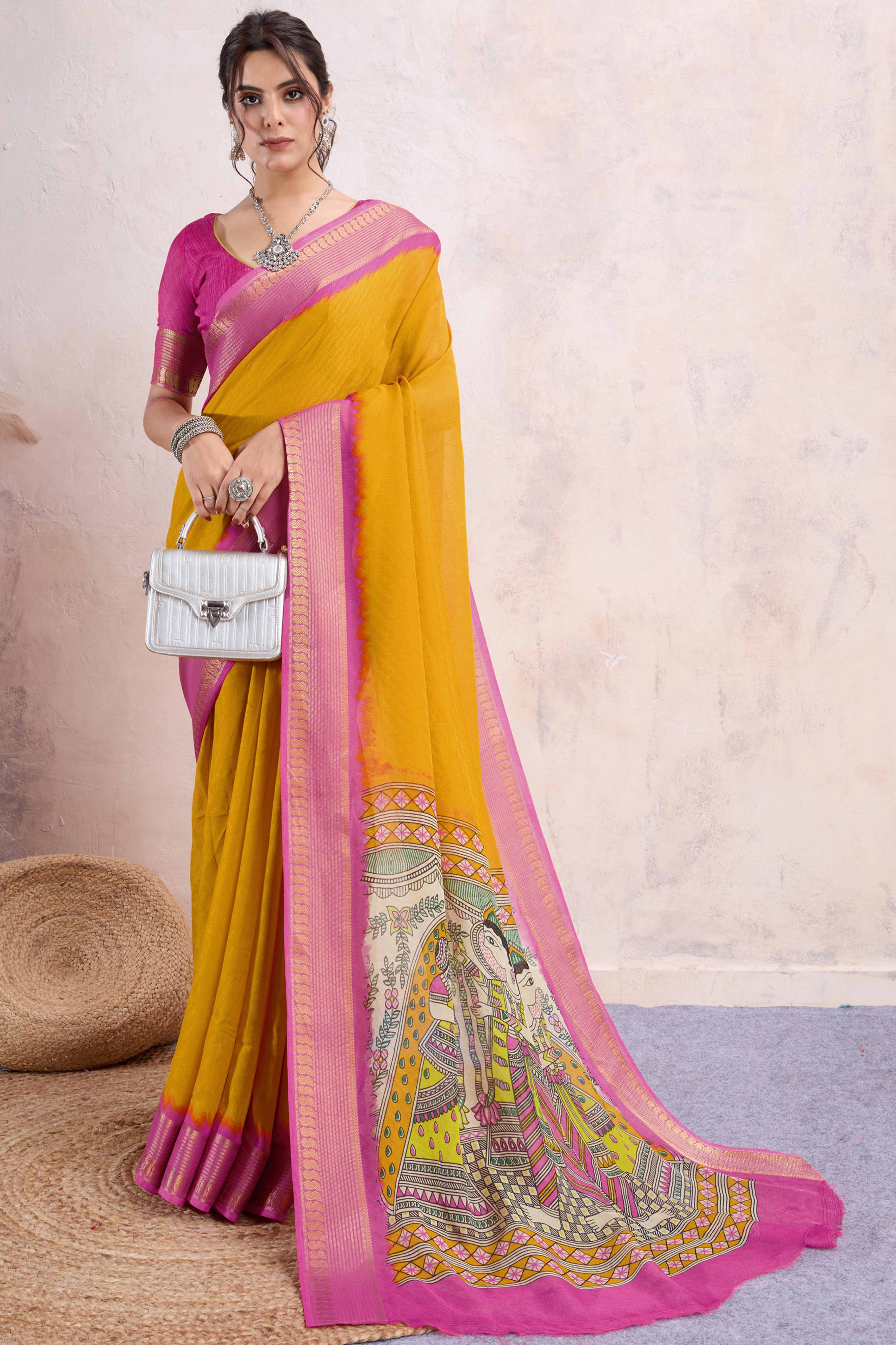 Mustard Printed Cotton Silk Saree With Jacquard Border