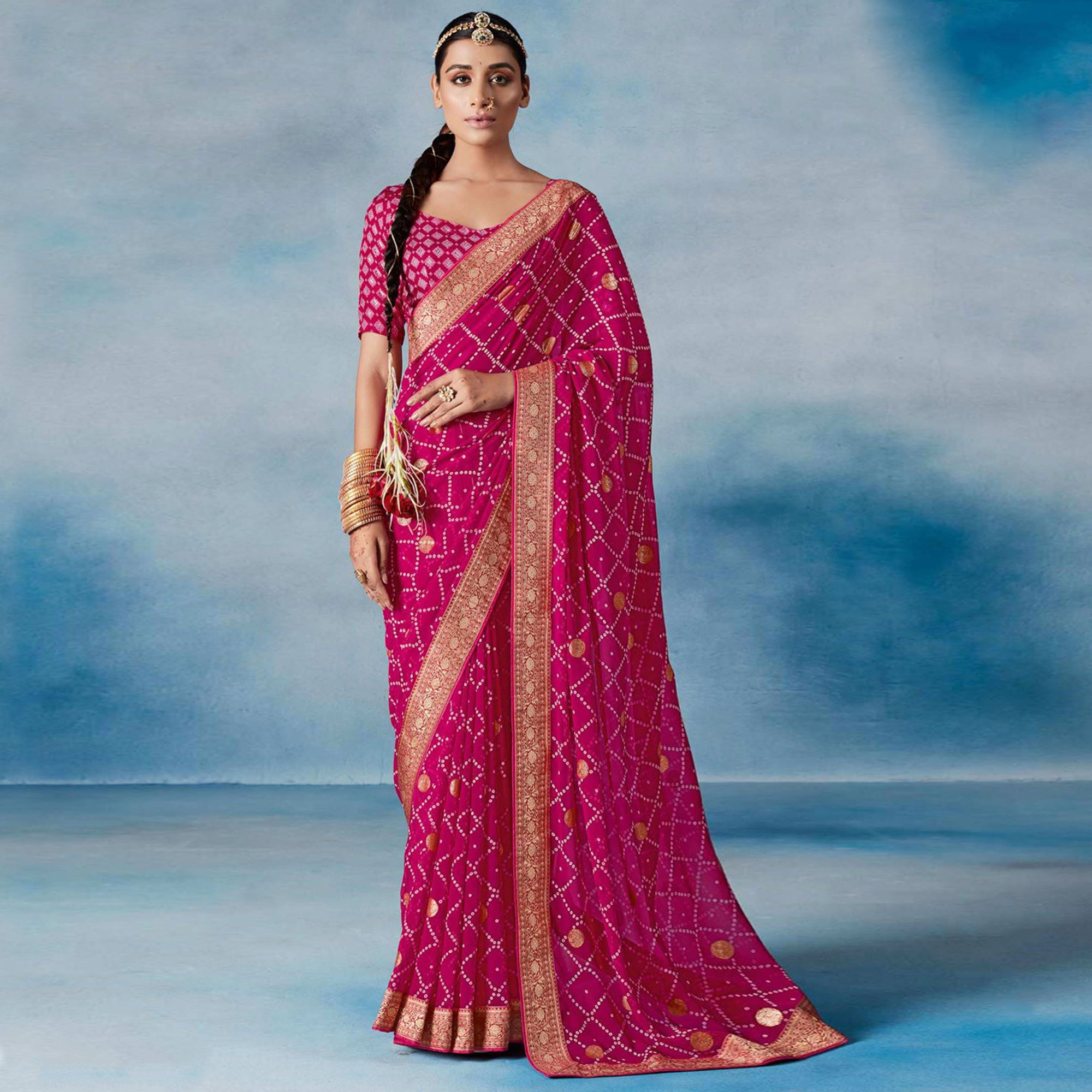 Pink Bandhani Foil Printed Georgette Saree