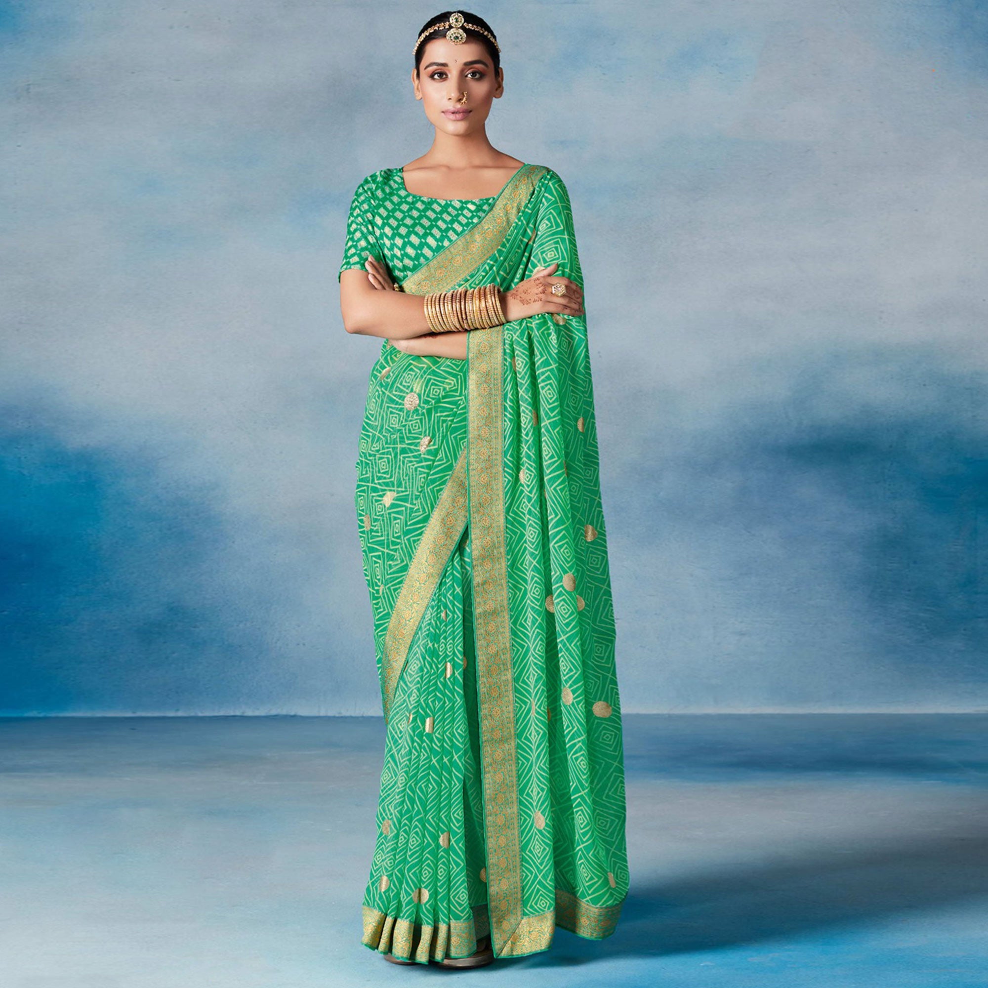 Sea Green Foil Printed Georgette Saree