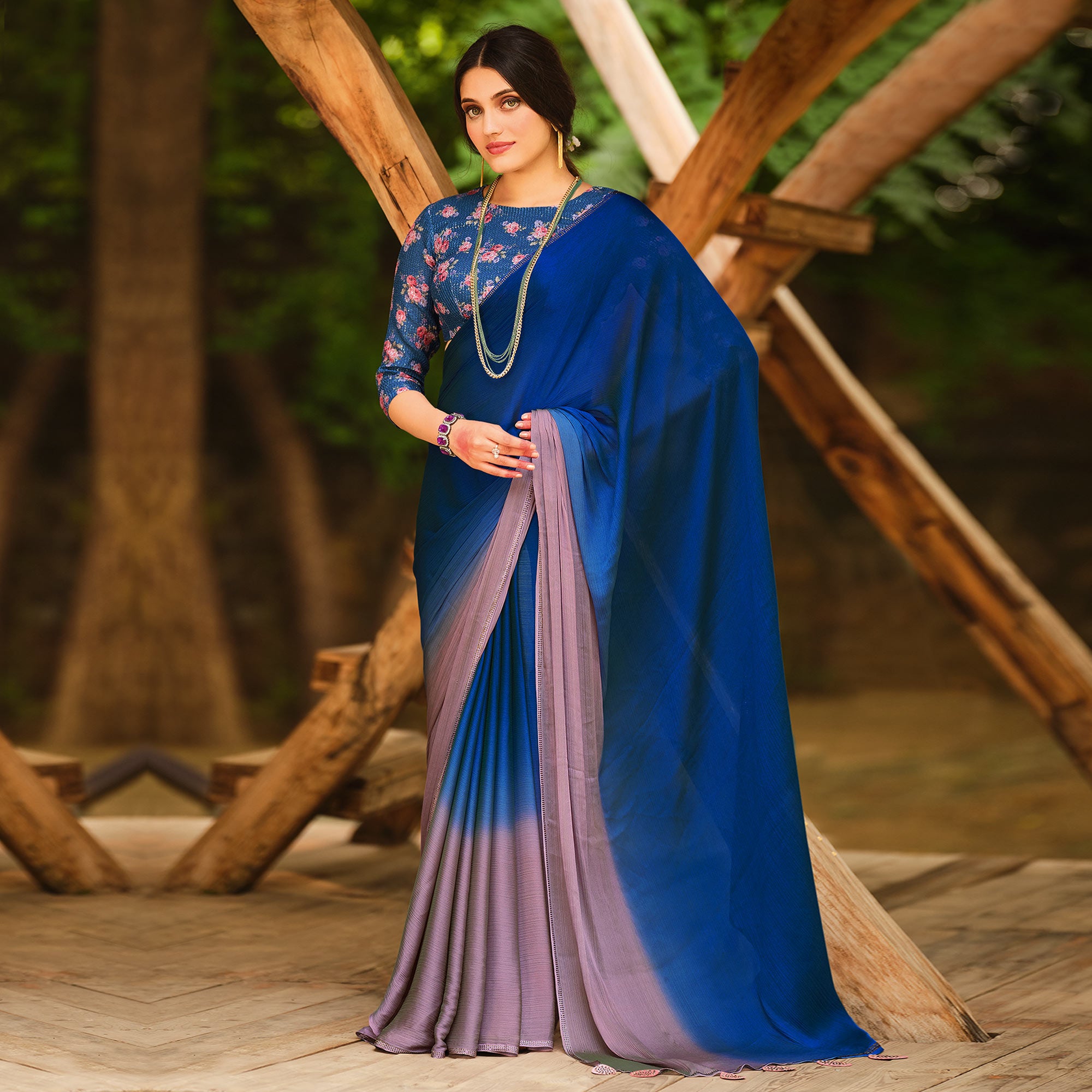 Blue Printed With Swarovski Work Chiffon Ombre Saree