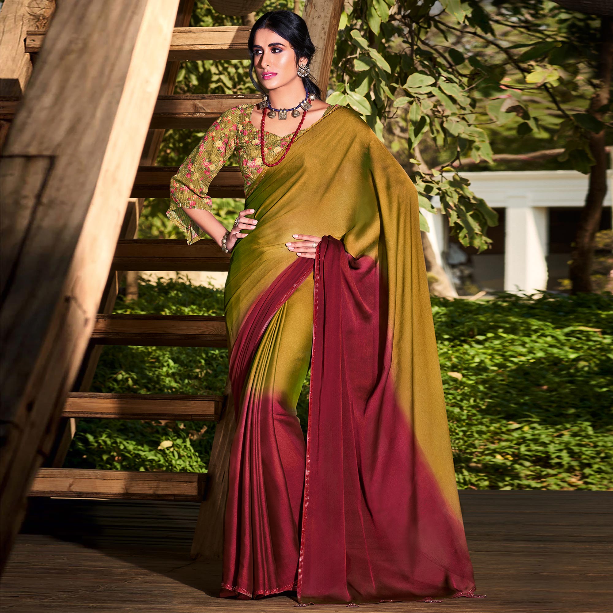 Green & Mauve Printed With Swarovski Work Chiffon Ombre Saree