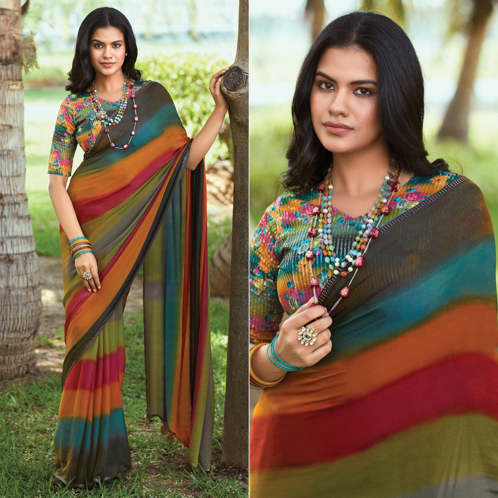 Multicolor Striped Printed Chiffon Saree