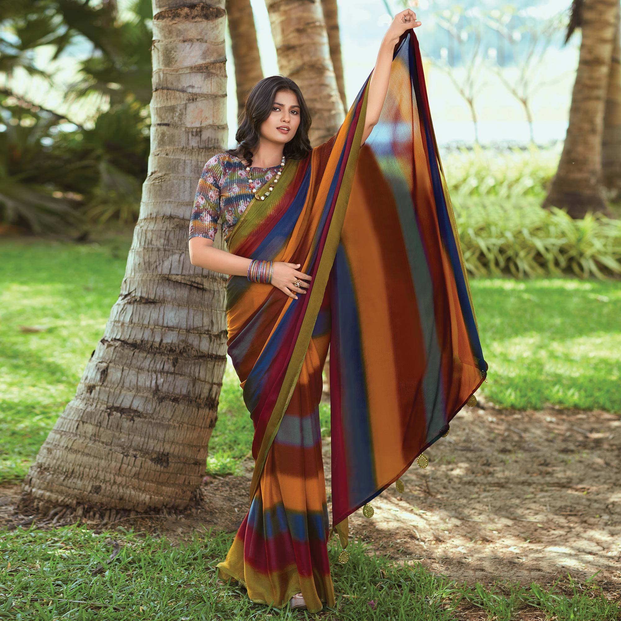 Multicolor Striped Printed Chiffon Saree