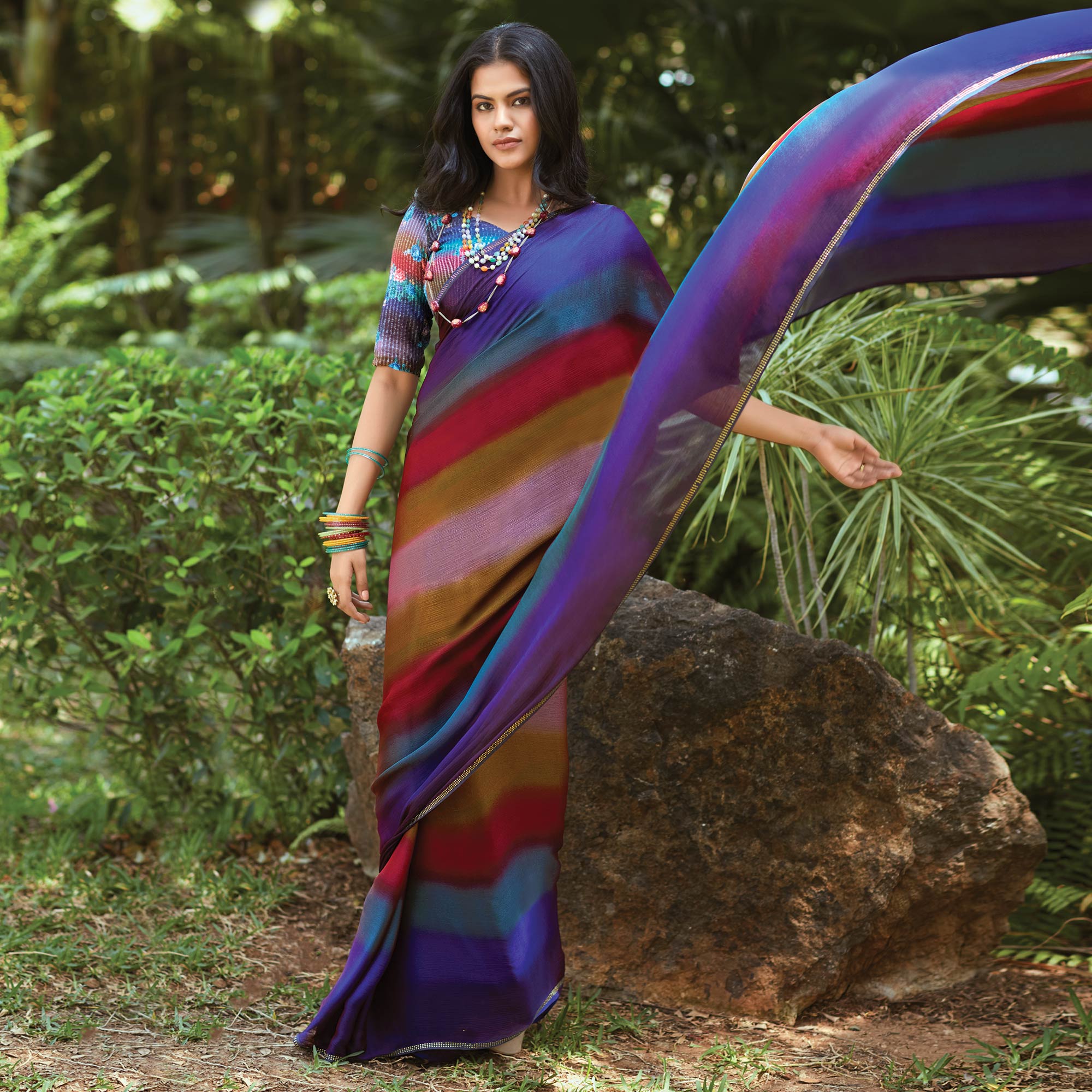 Multicolor Striped Printed Chiffon Saree